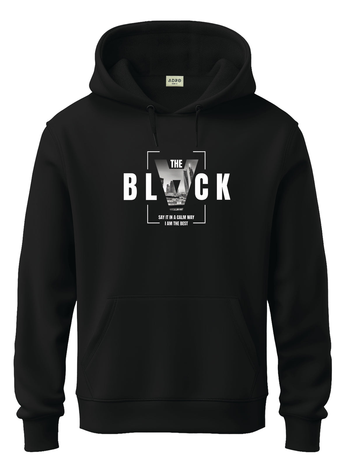 Men Black Cotton Fleece Printed Hoodie