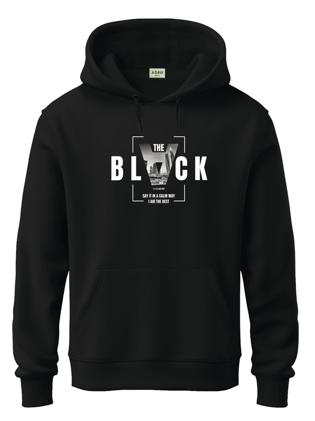 Men Black Cotton Fleece Printed Hoodie