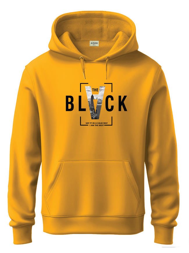 Men Mustard Cotton Fleece Printed Hoodie