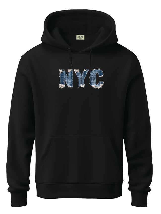Men Black Cotton Fleece Printed Hoodie