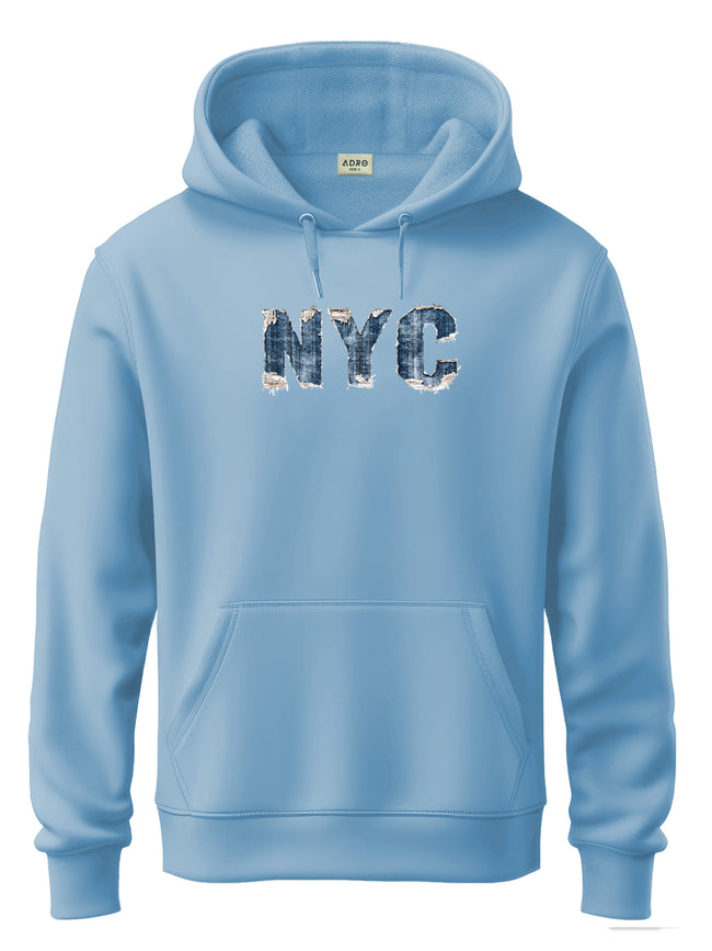 Men Blue Cotton Fleece Printed Hoodie