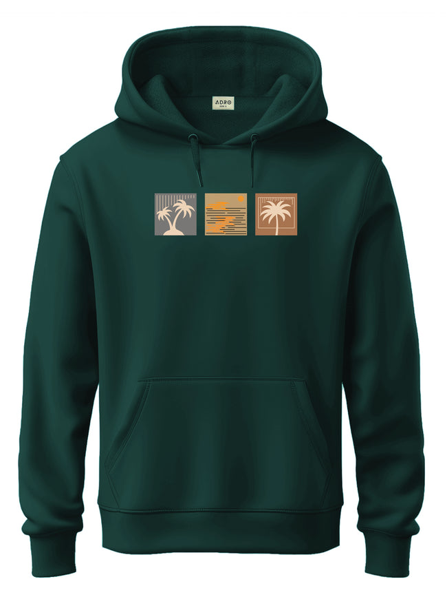 Men Green Cotton Fleece Printed Hoodie