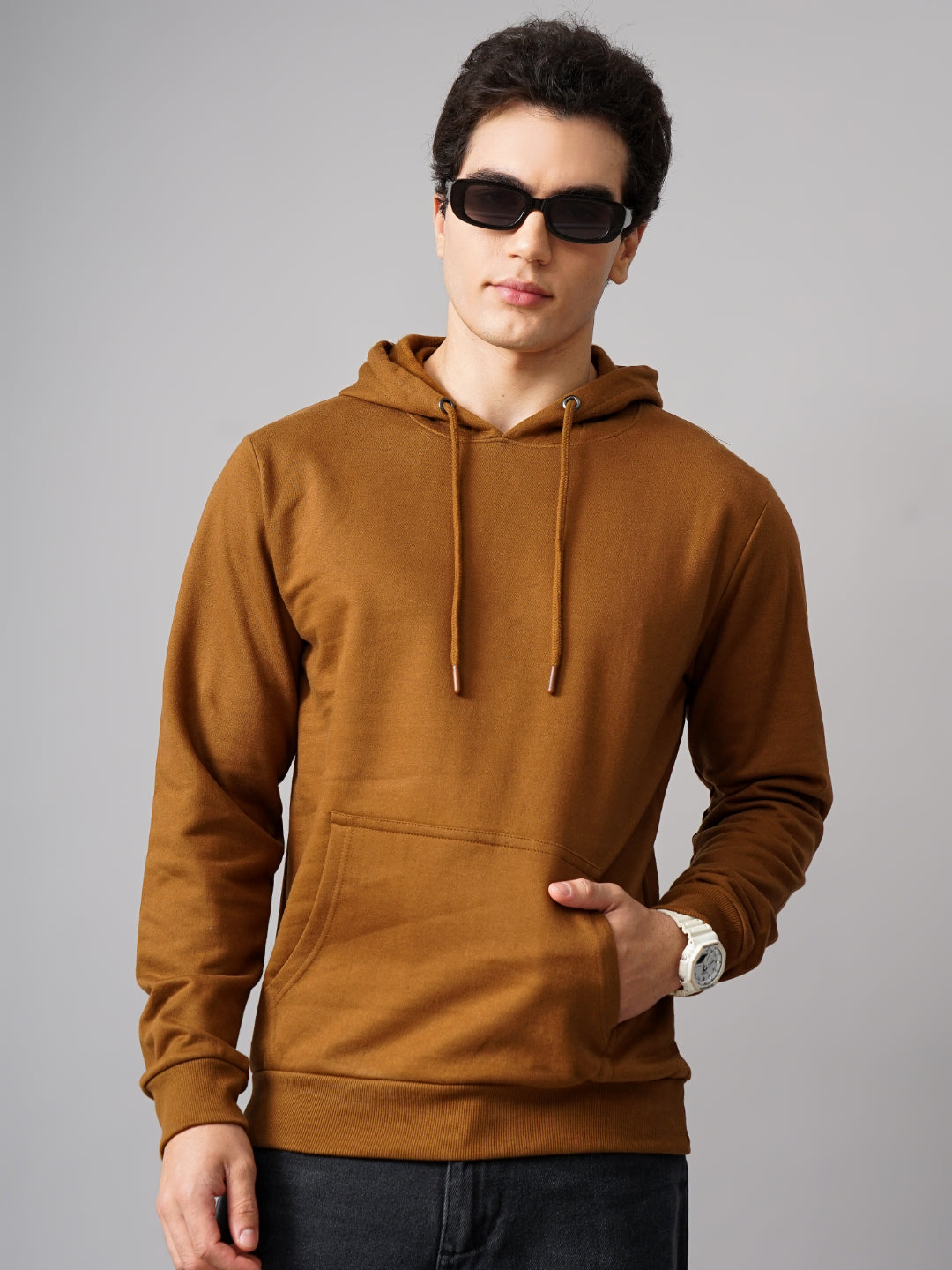 Men Solid Brown Hoodie