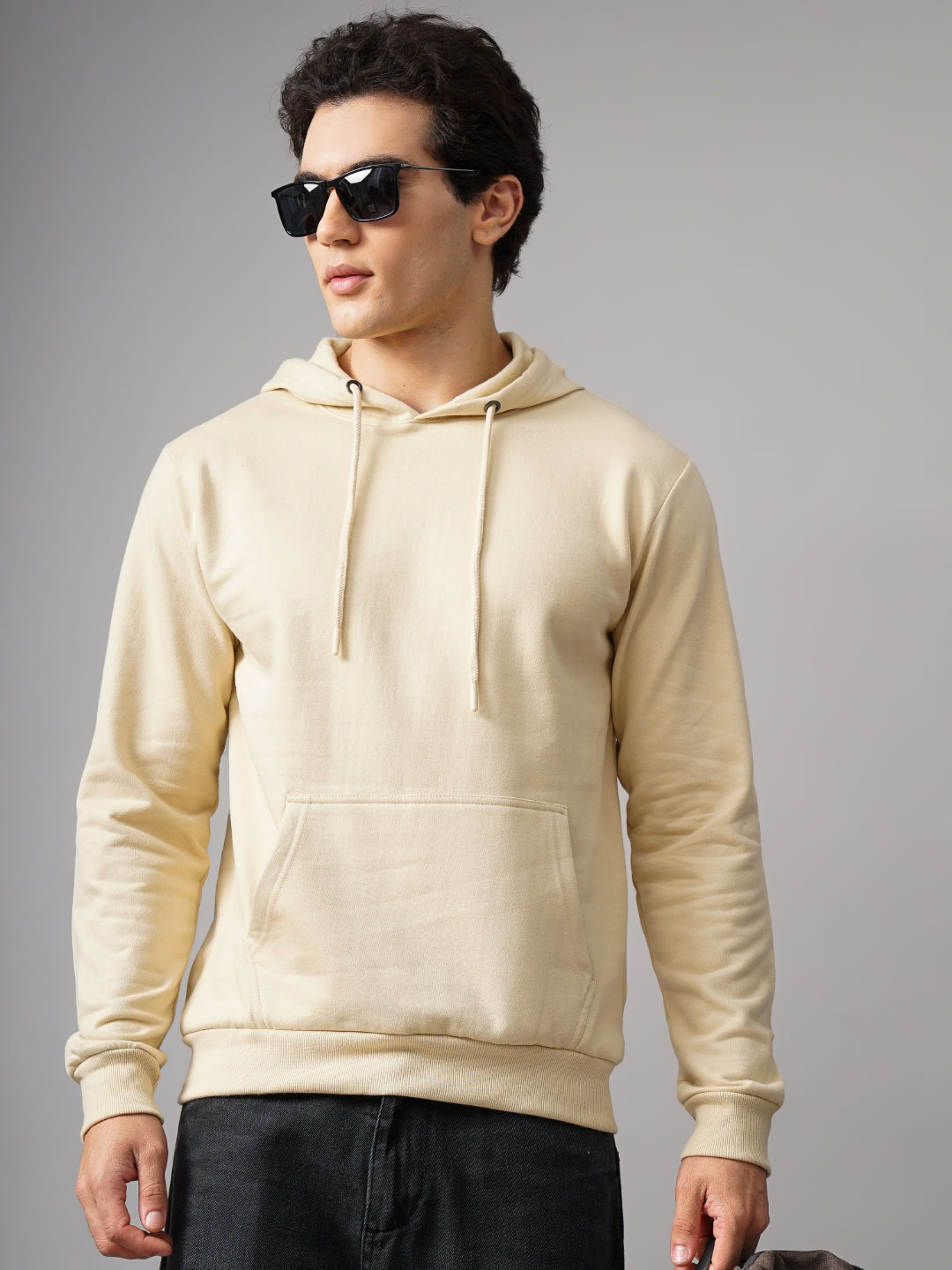 Men Solid Cream Hoodie