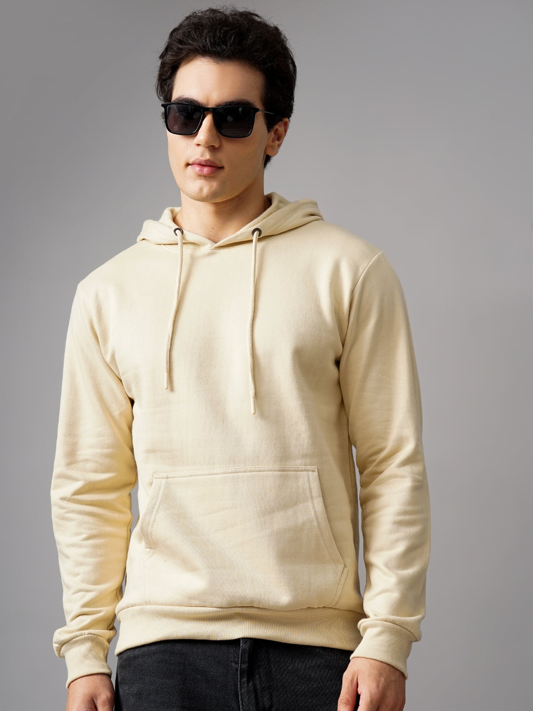 Men Solid Cream Hoodie