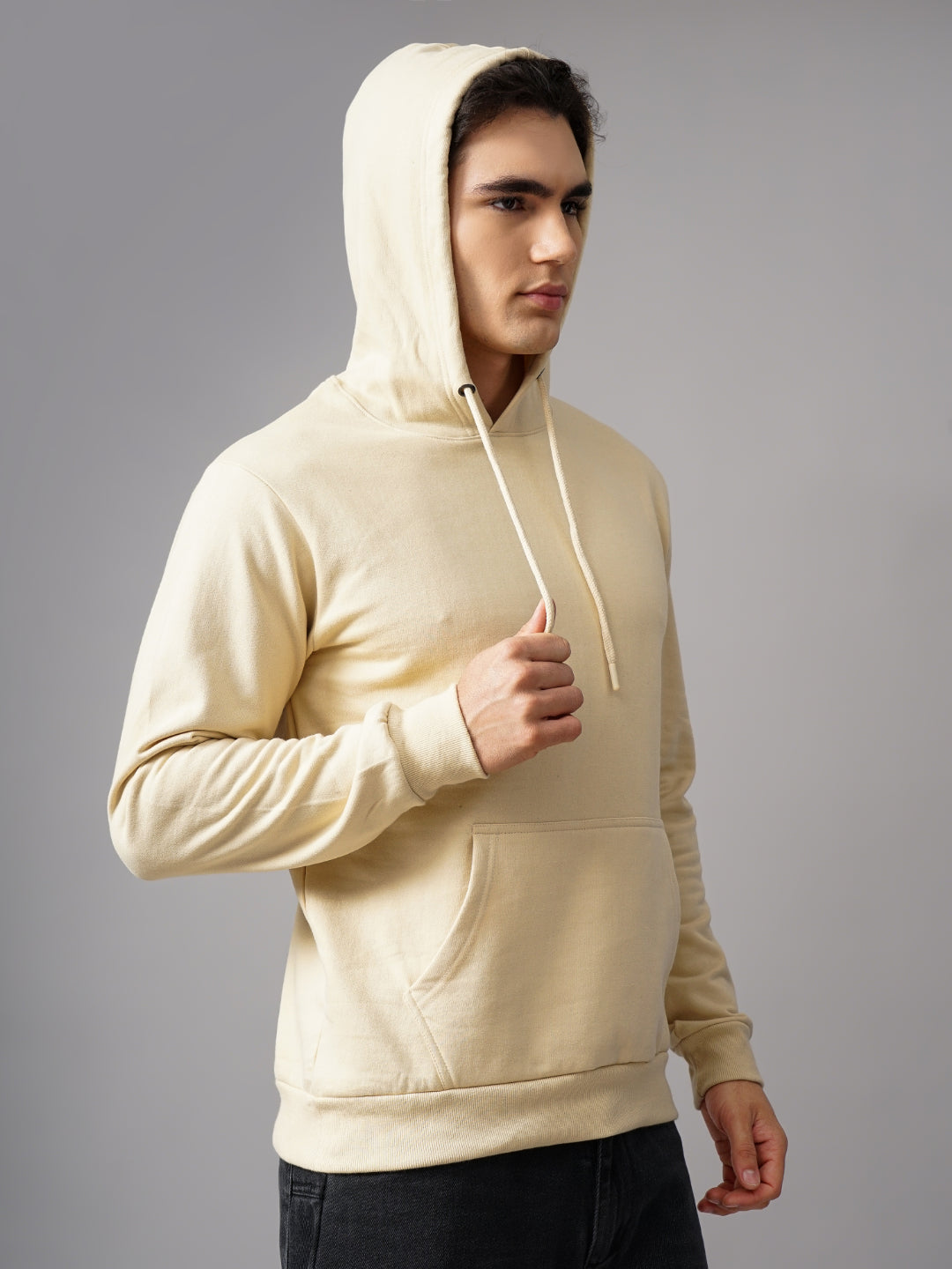 Men Solid Cream Hoodie