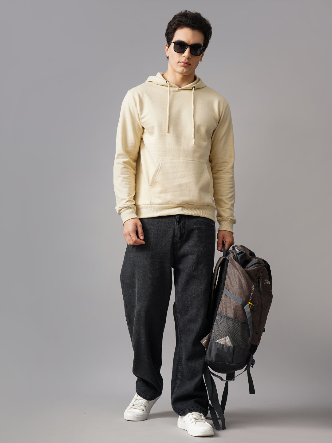 Men Solid Cream Hoodie