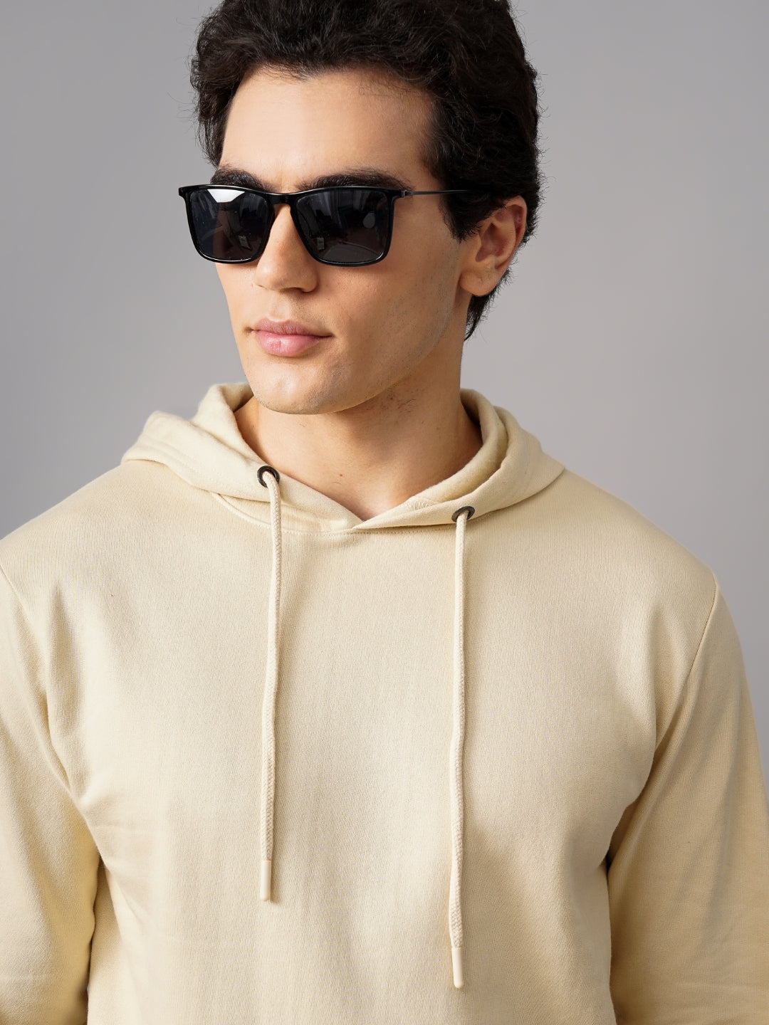 Men Solid Cream Hoodie
