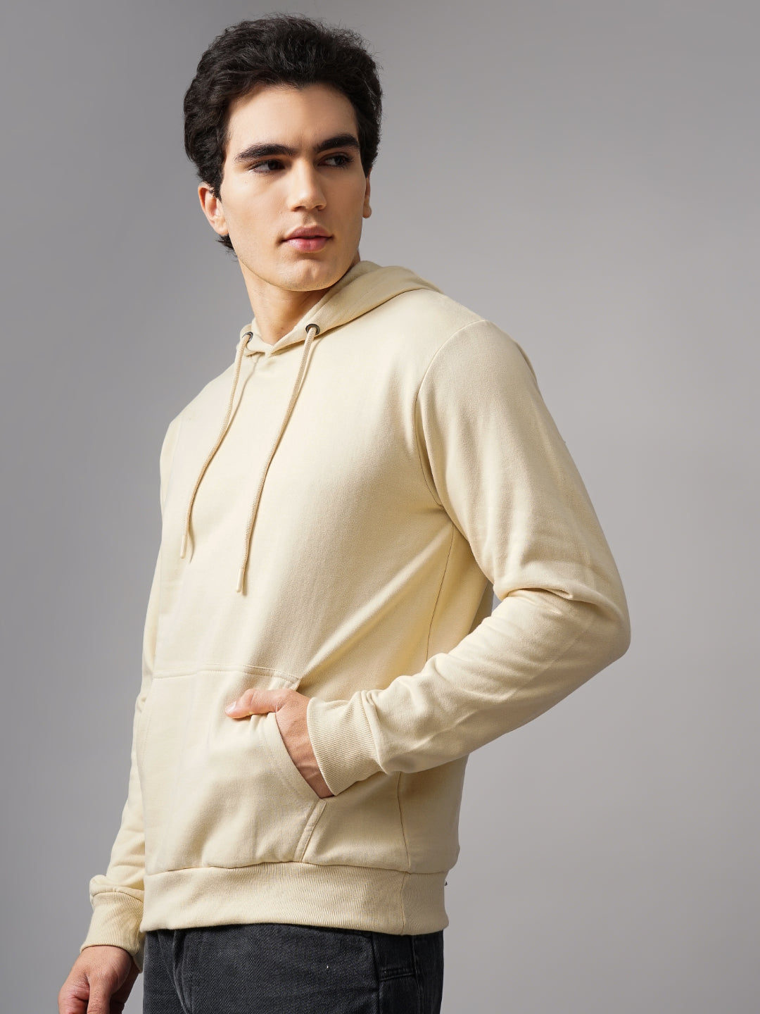 Men Solid Cream Hoodie