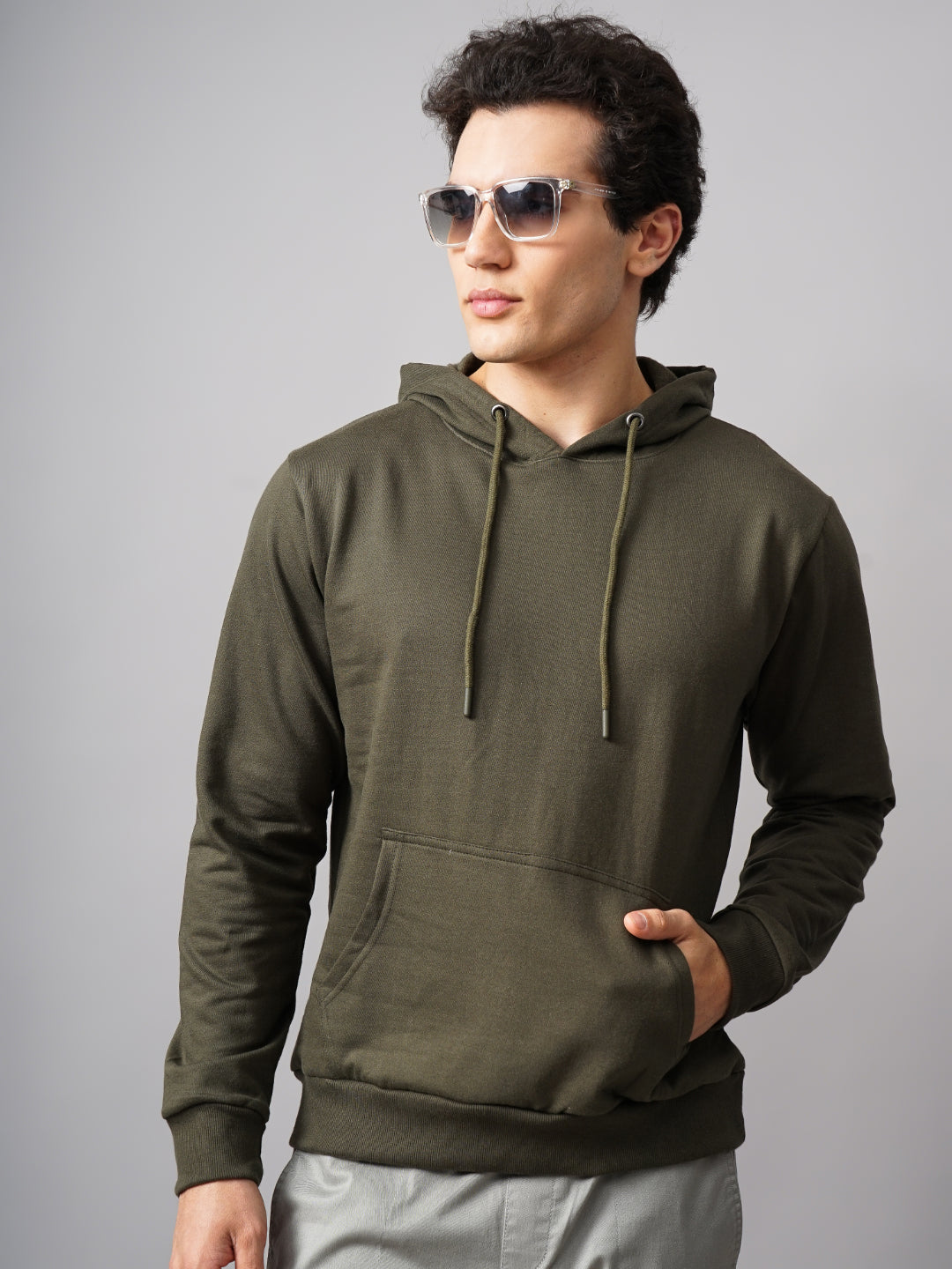 Men Solid Olive Hoodie