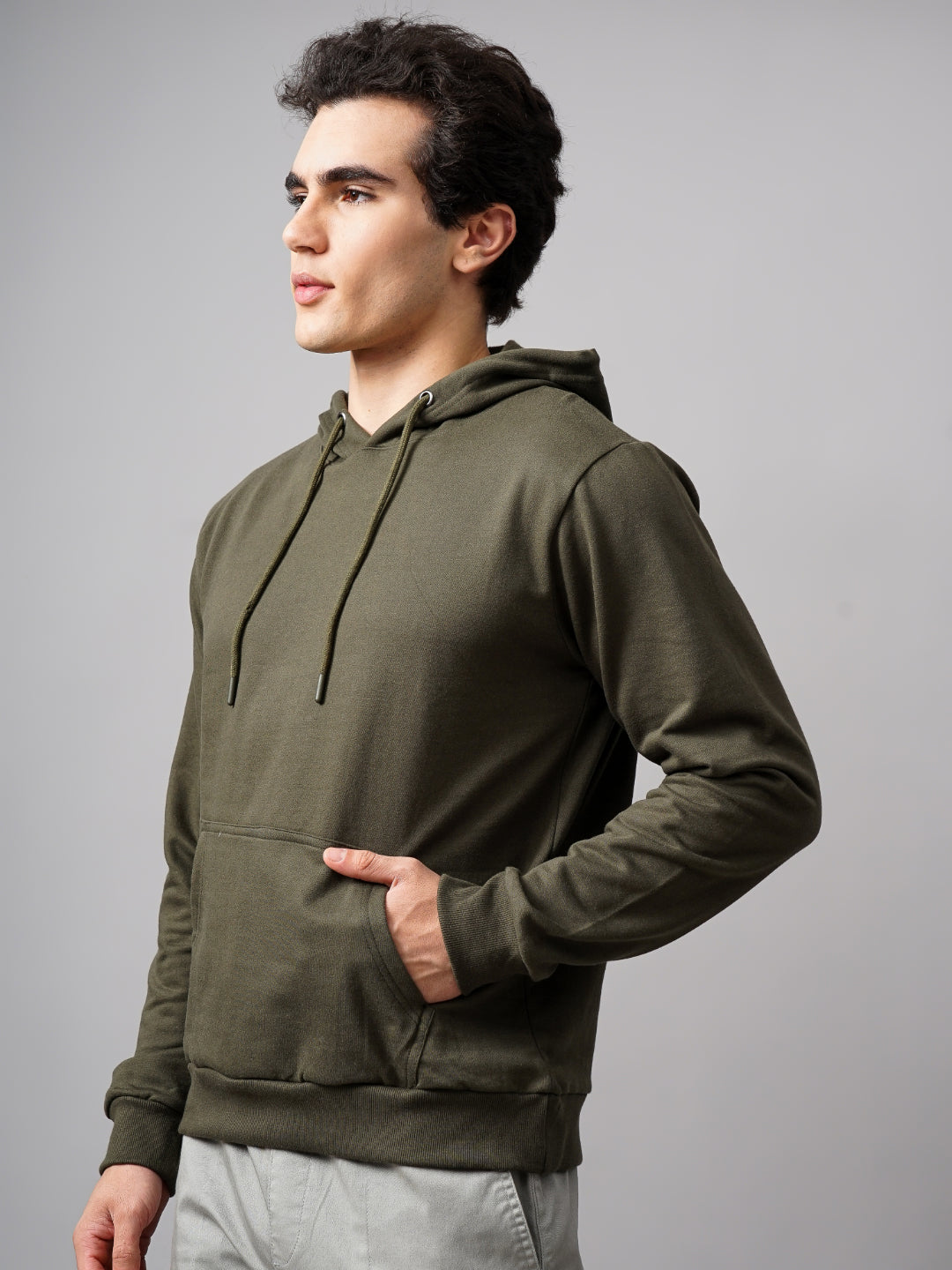 Men Solid Olive Hoodie