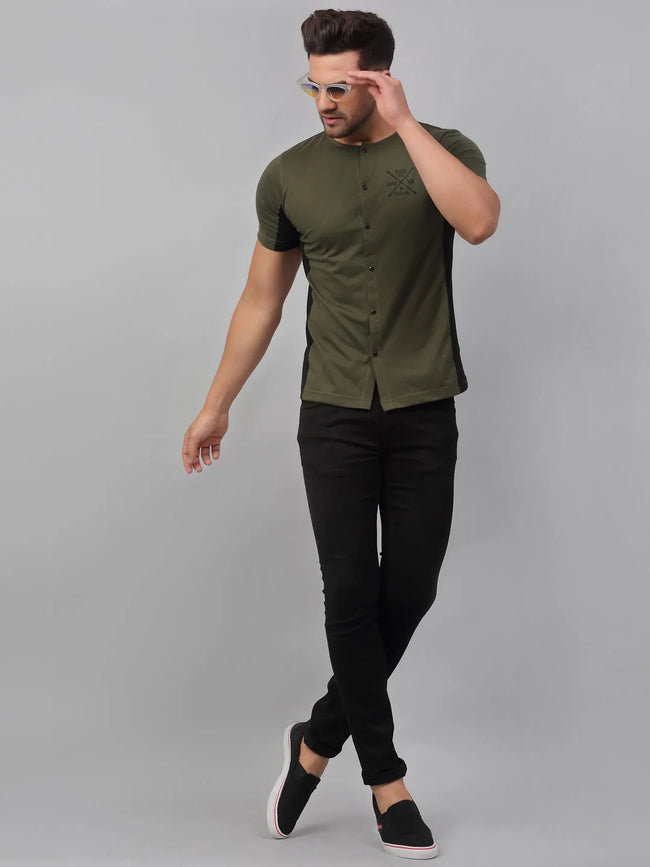 Men Olive Green Black Cut Sew Half Sleeve Knitted Shirt – FYVA
