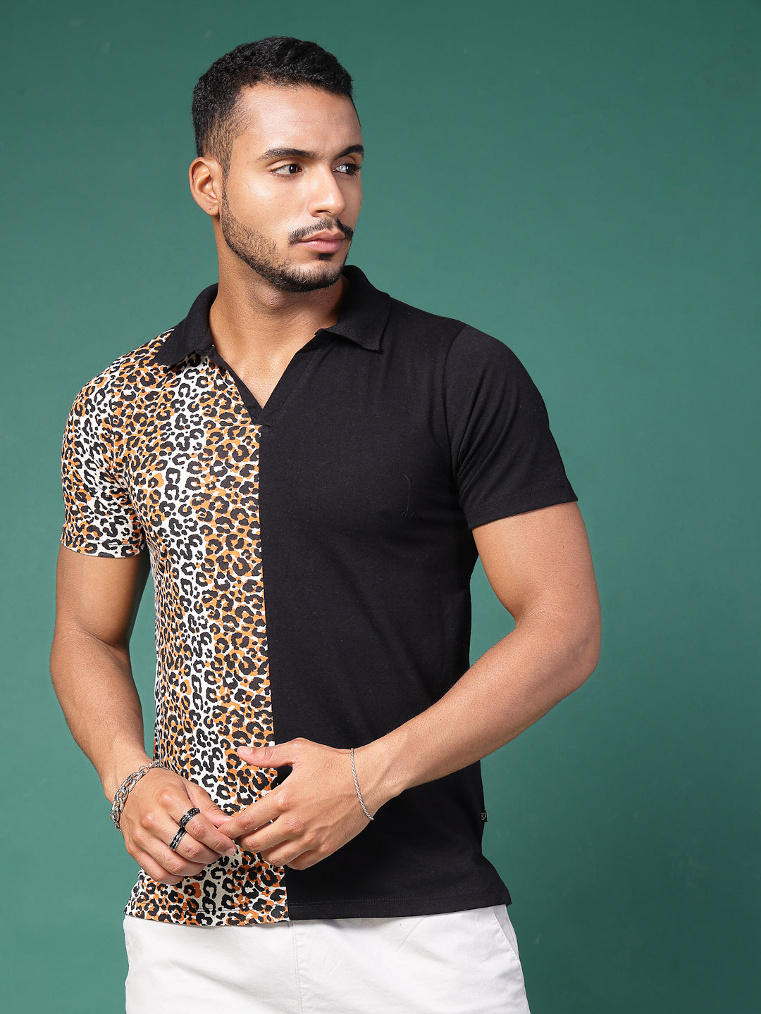 Men Animal Solid Colorblock Polo T-Shirt
