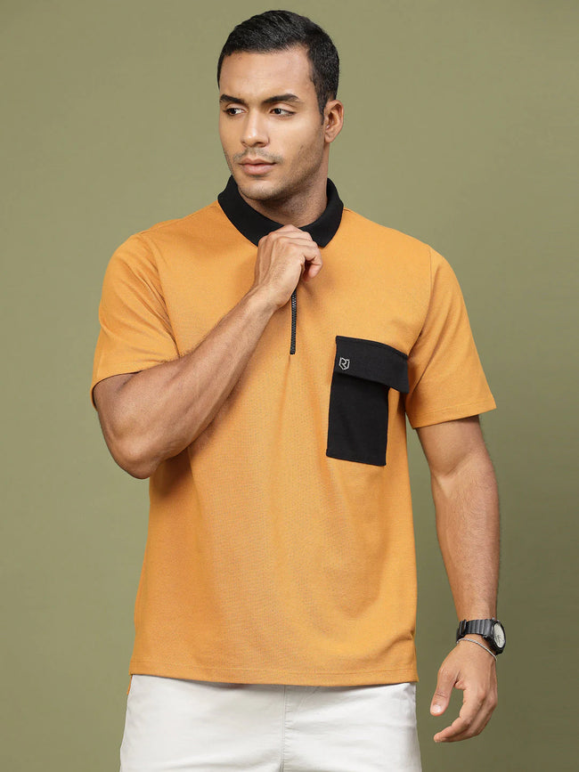 Men Patch Pocket Oversized Zip Polo Tee