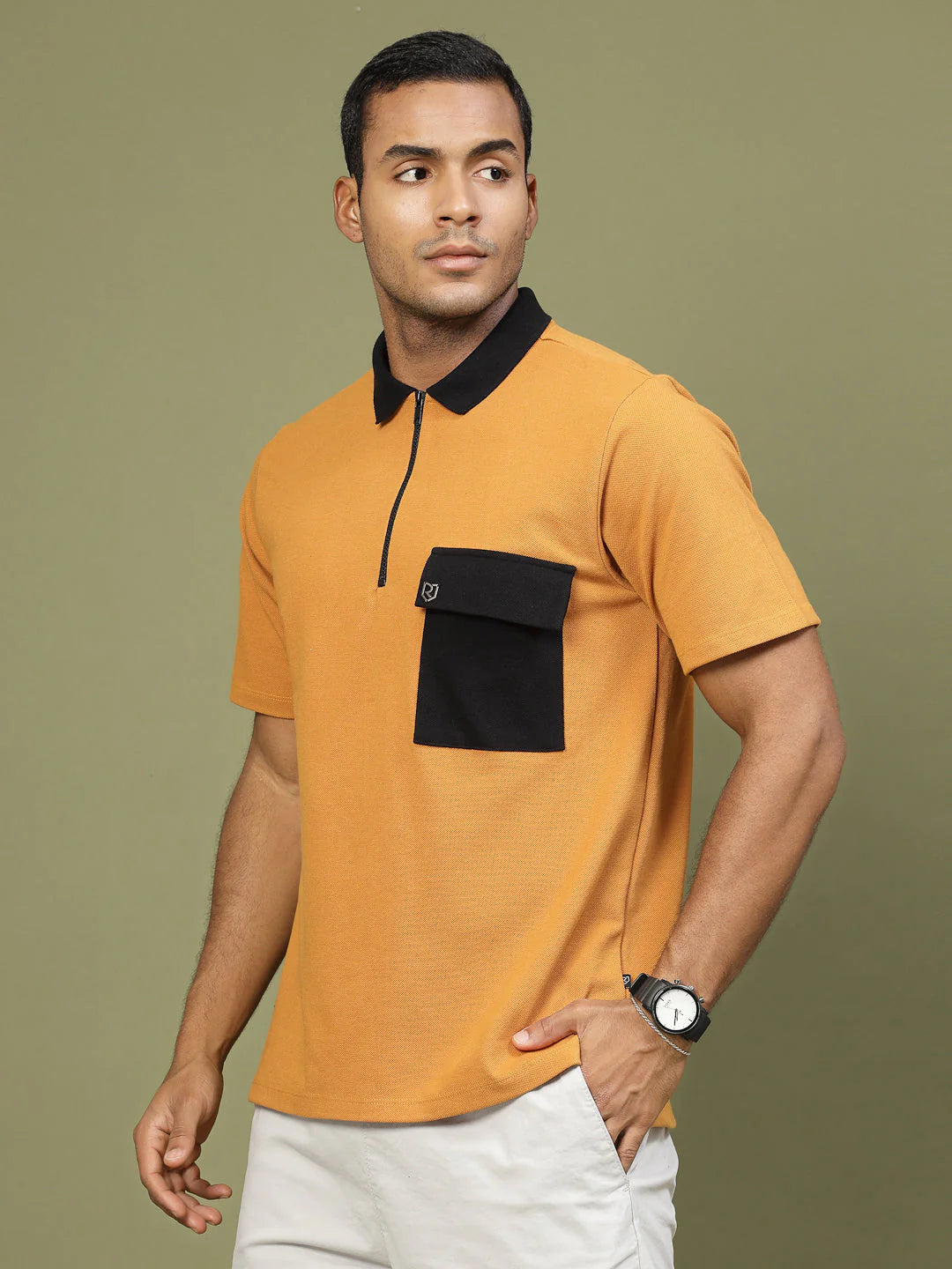 Men Patch Pocket Oversized Zip Polo Tee