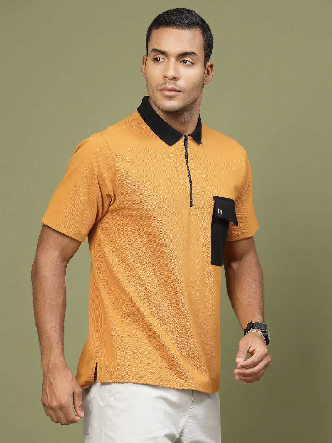Men Patch Pocket Oversized Zip Polo Tee