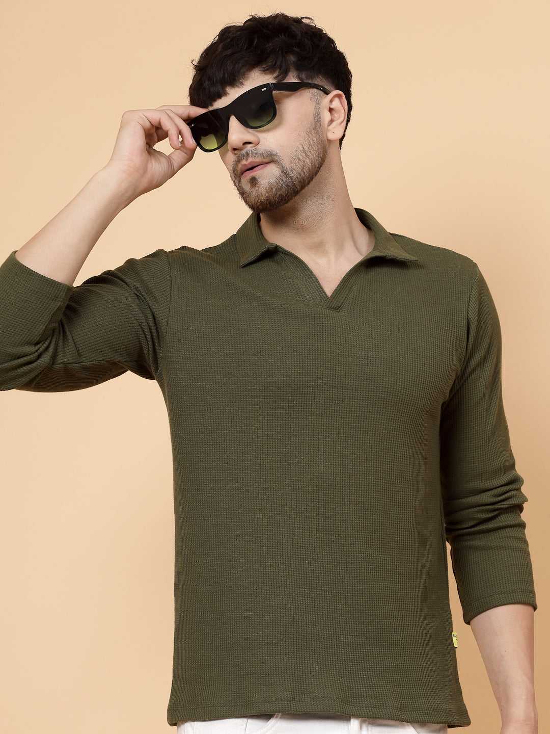 Men Olive Waffle Knit T-shirt