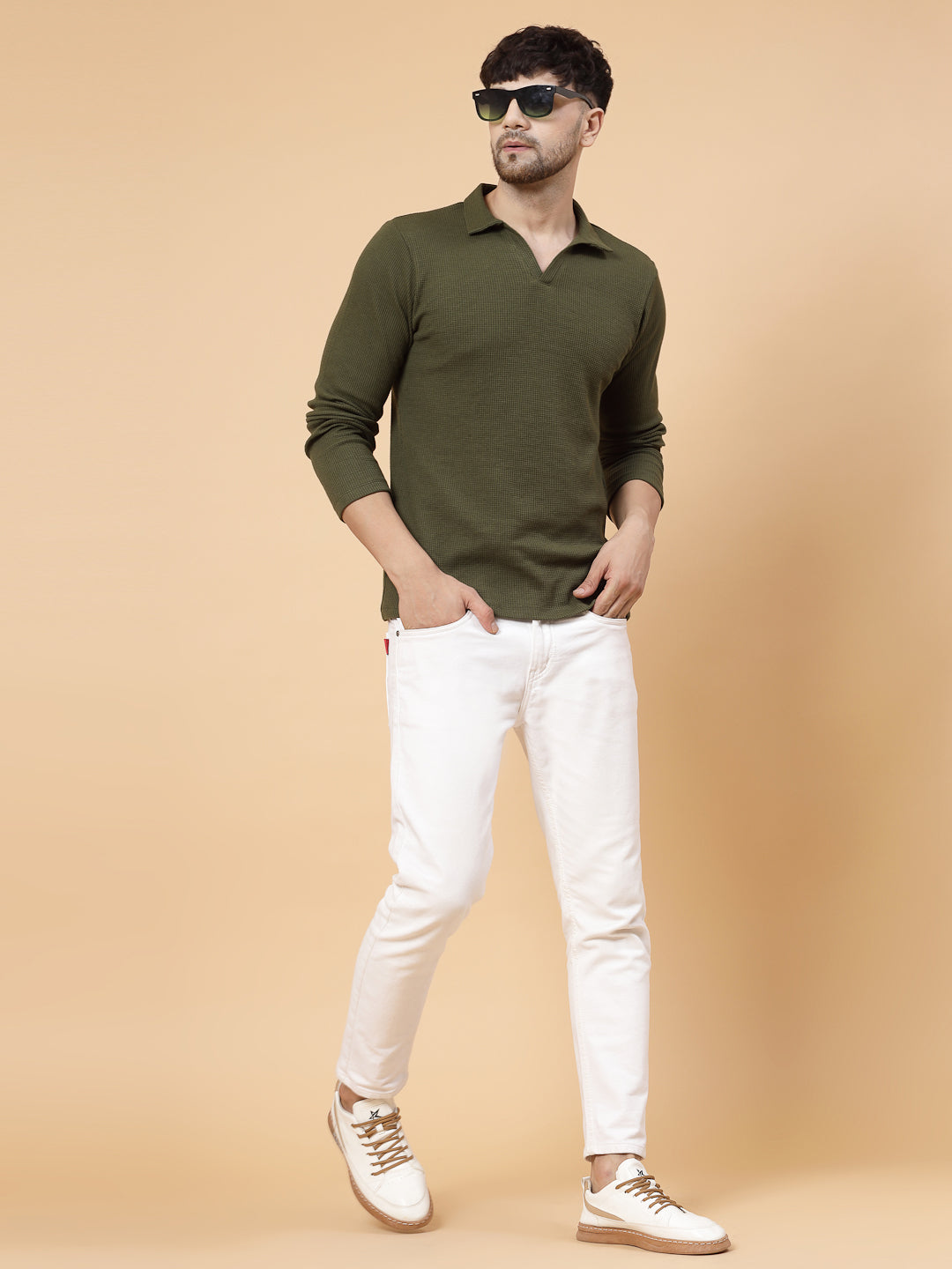 Men Olive Waffle Knit T-shirt