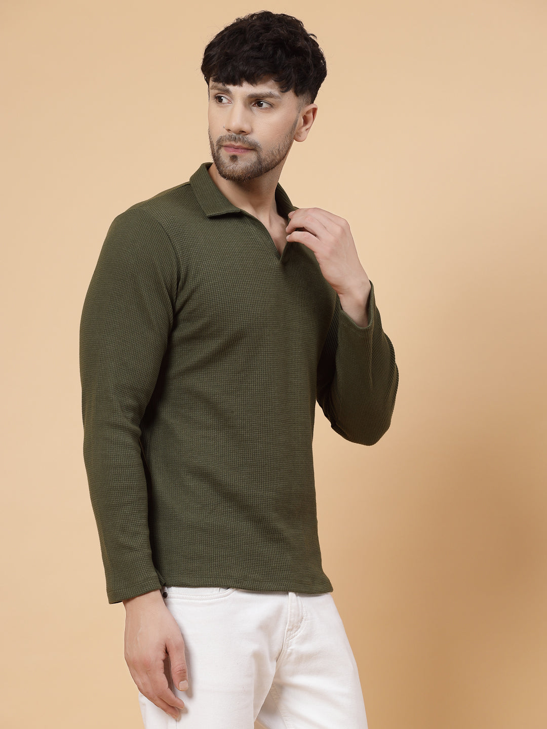 Men Olive Waffle Knit T-shirt