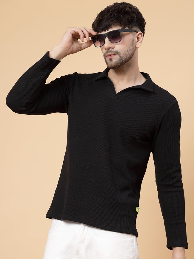 Men Black Waffle Knit T-shirt