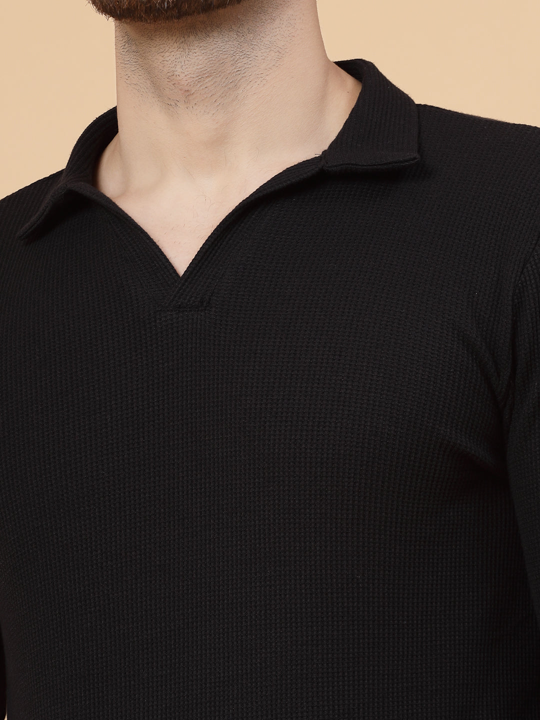 Men Black Waffle Knit T-shirt