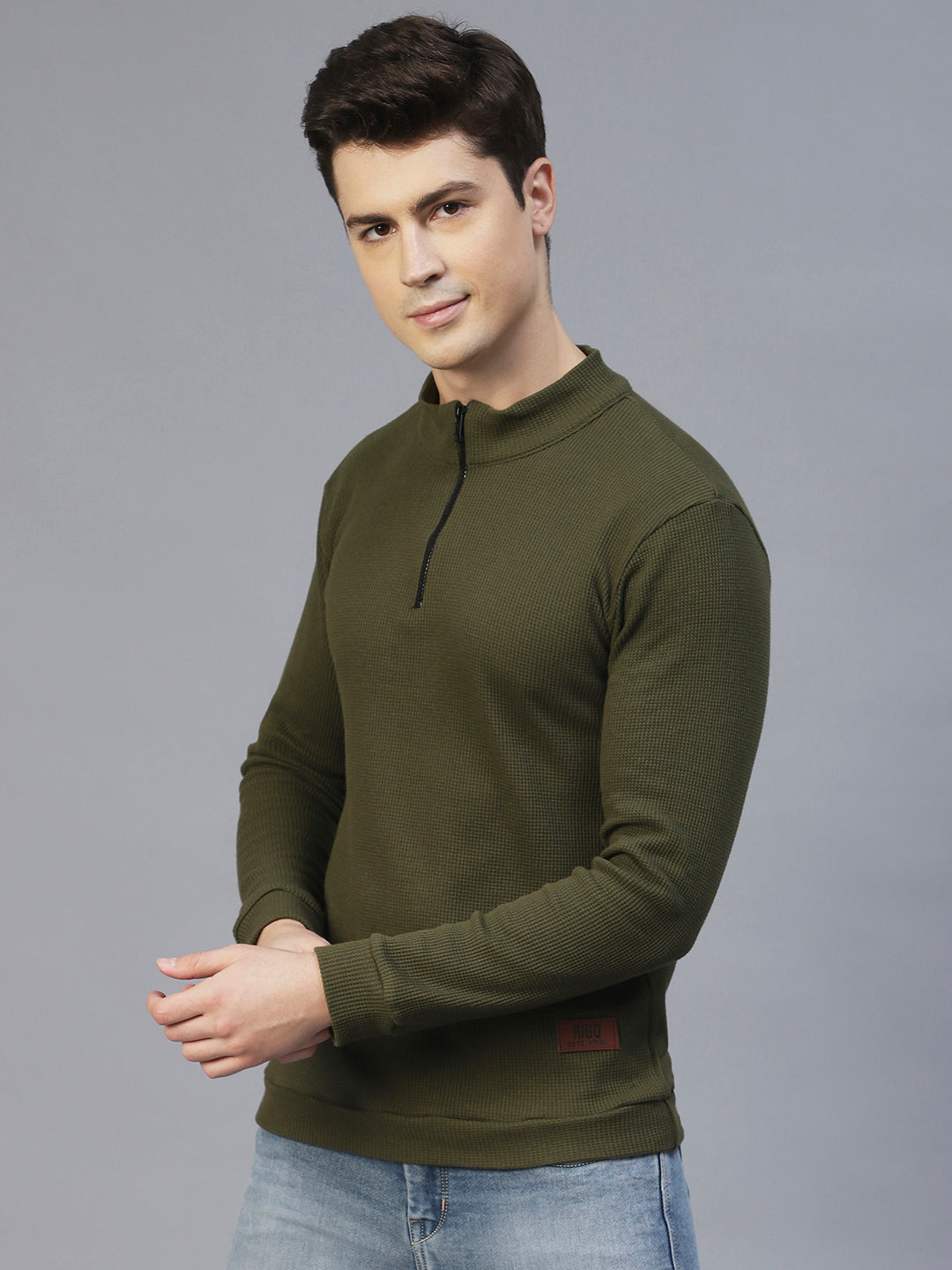 Men Olive Waffle Knit T-shirt