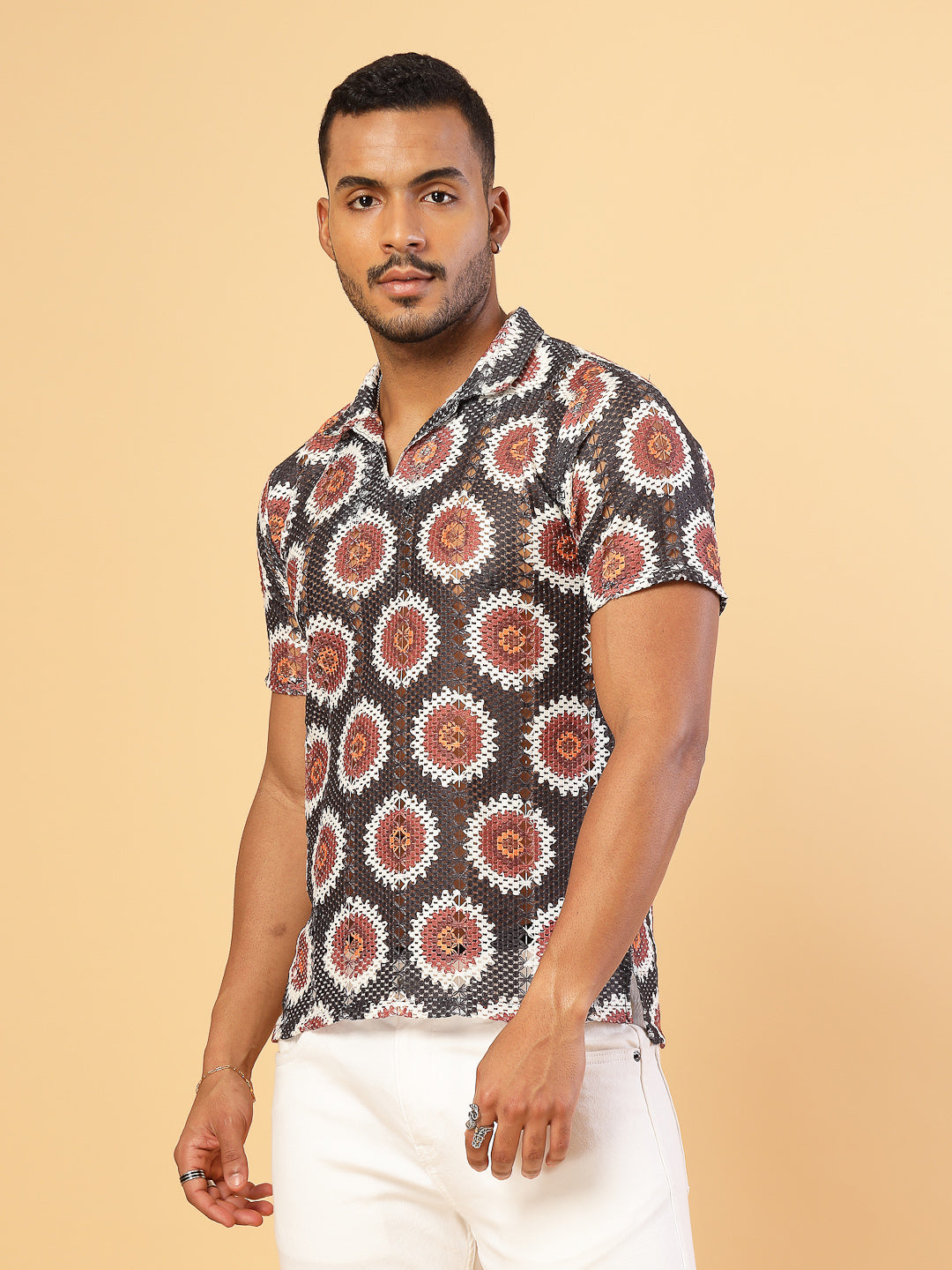 Men Cotton Fabric Crochet Botanical Polo Slim FiT-Shirt