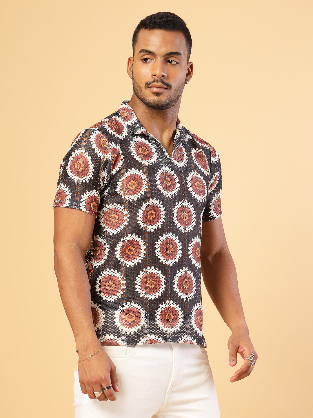 Men Cotton Fabric Crochet Botanical Polo Slim FiT-Shirt