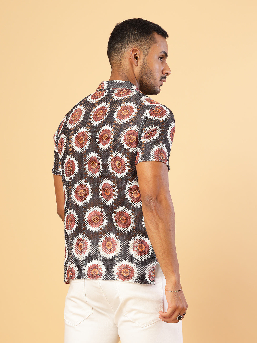 Men Cotton Fabric Crochet Botanical Polo Slim FiT-Shirt