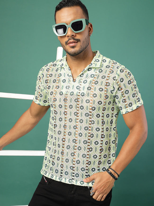 Men Cotton Fabric Crochet Botanical Polo Slim FiT-Shirt