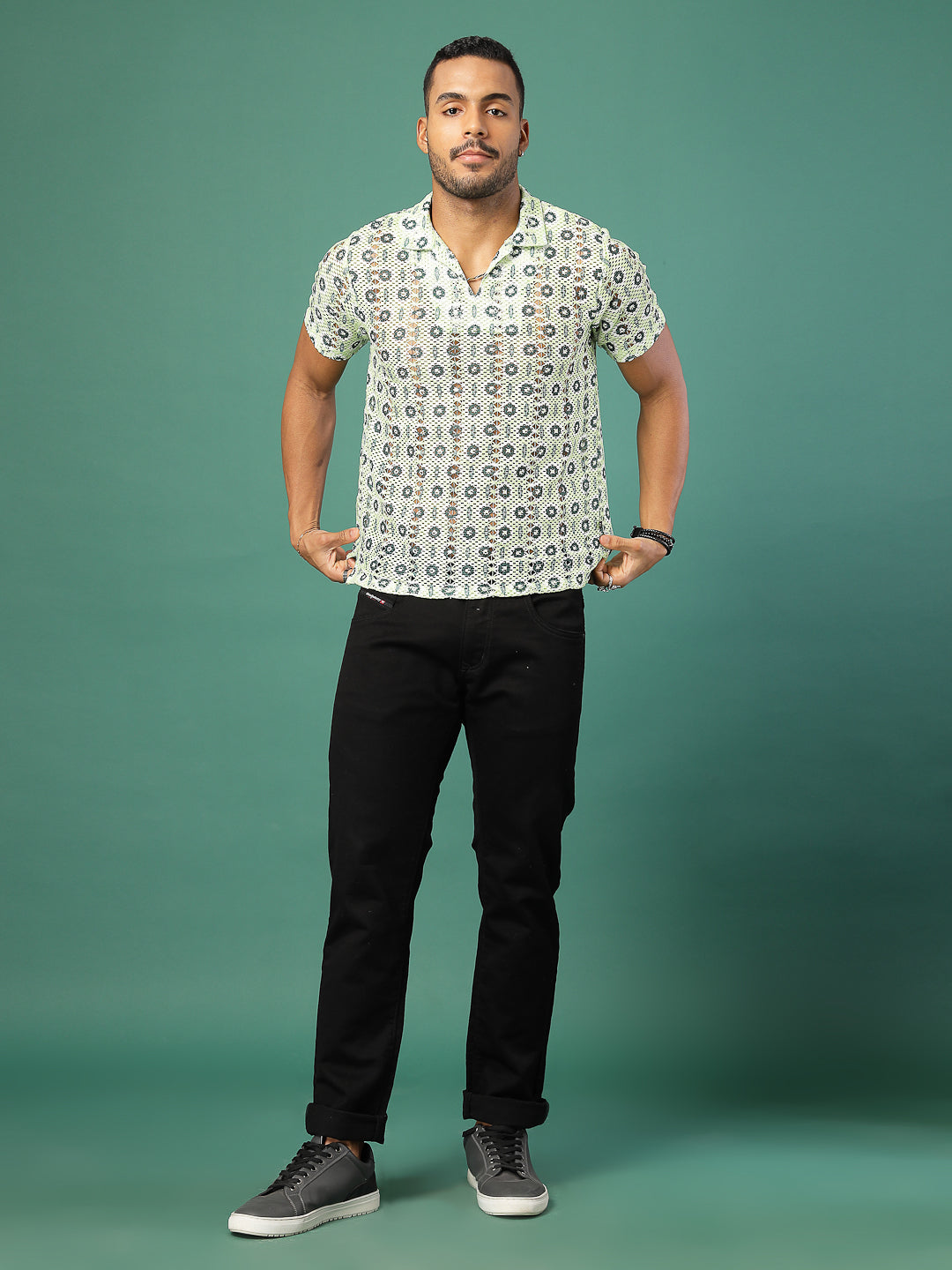 Men Cotton Fabric Crochet Botanical Polo Slim FiT-Shirt