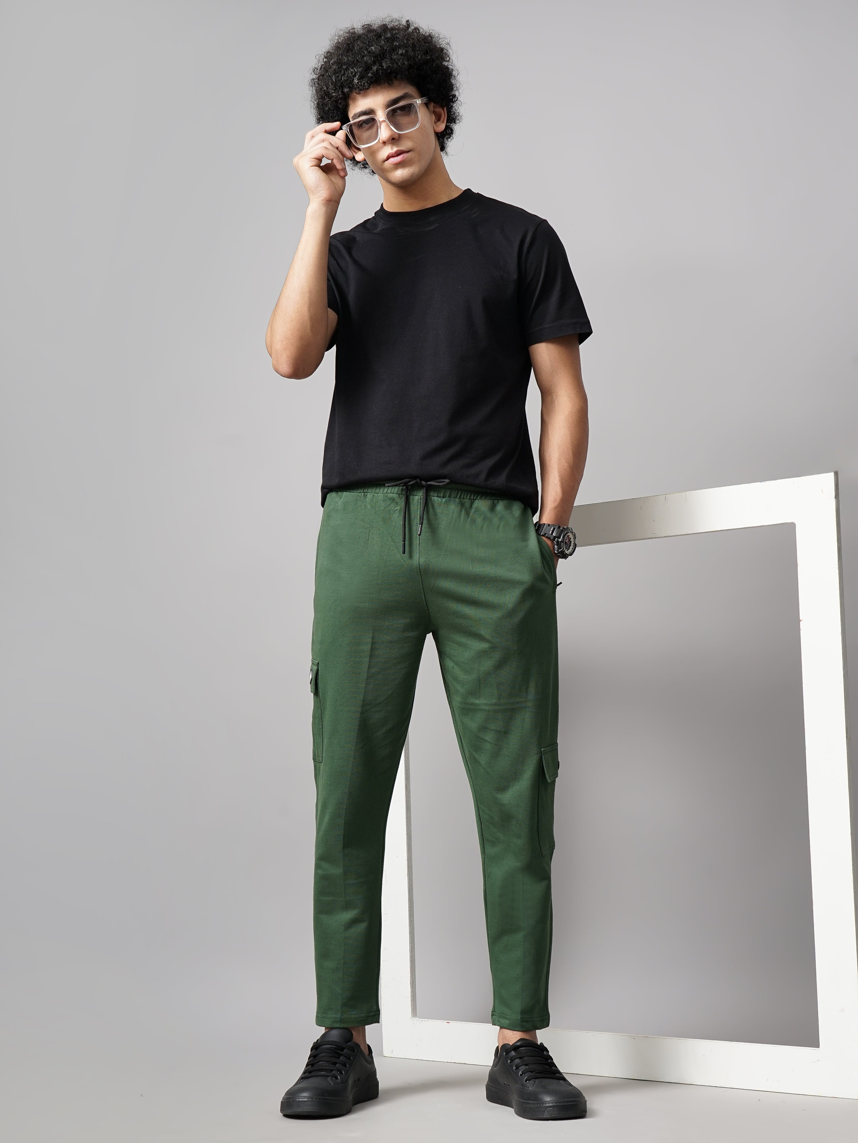 Men Offset Olive Knitted Cargo Pant