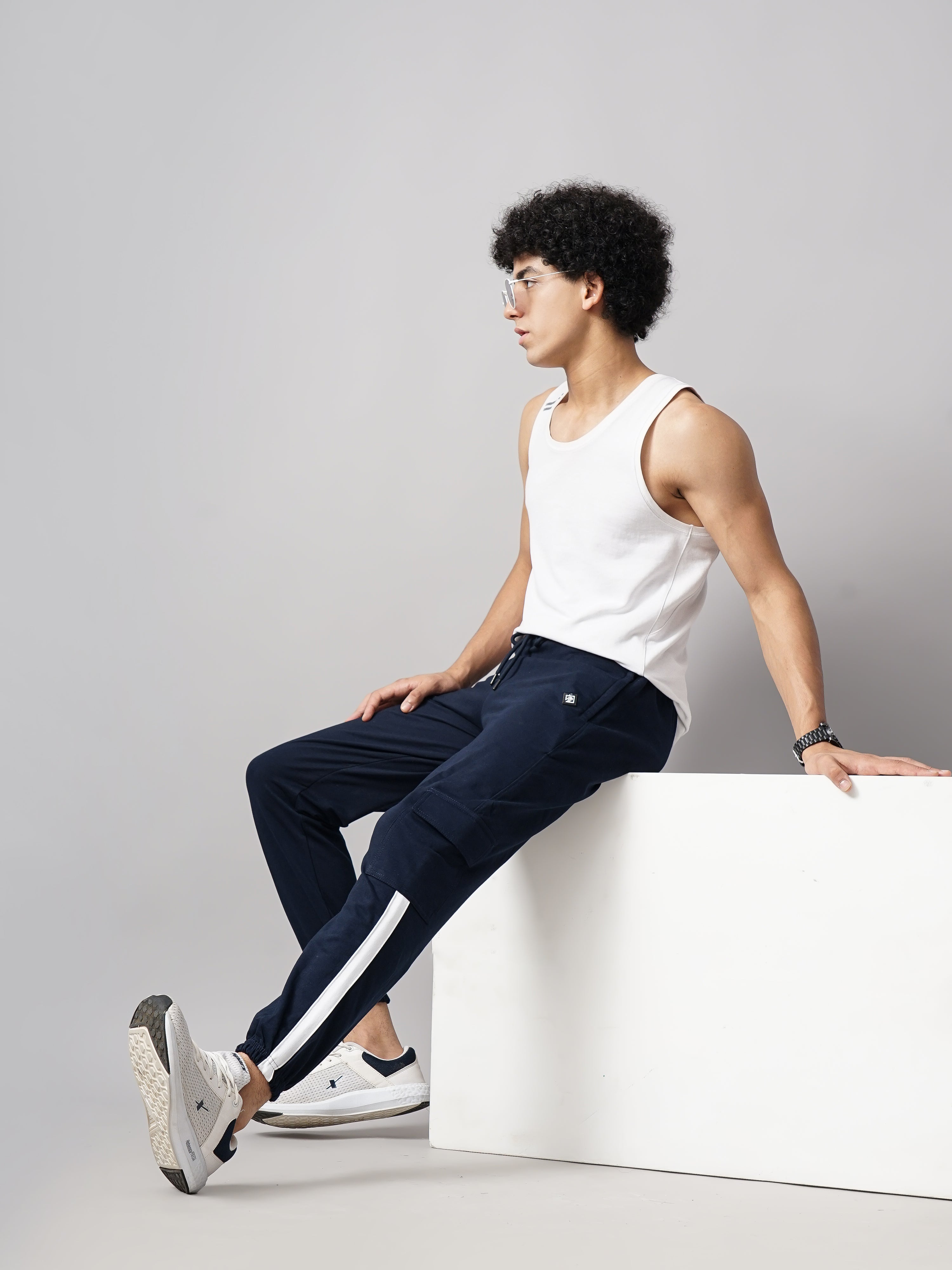 Men Sash Navy Knitted Cargo Pant