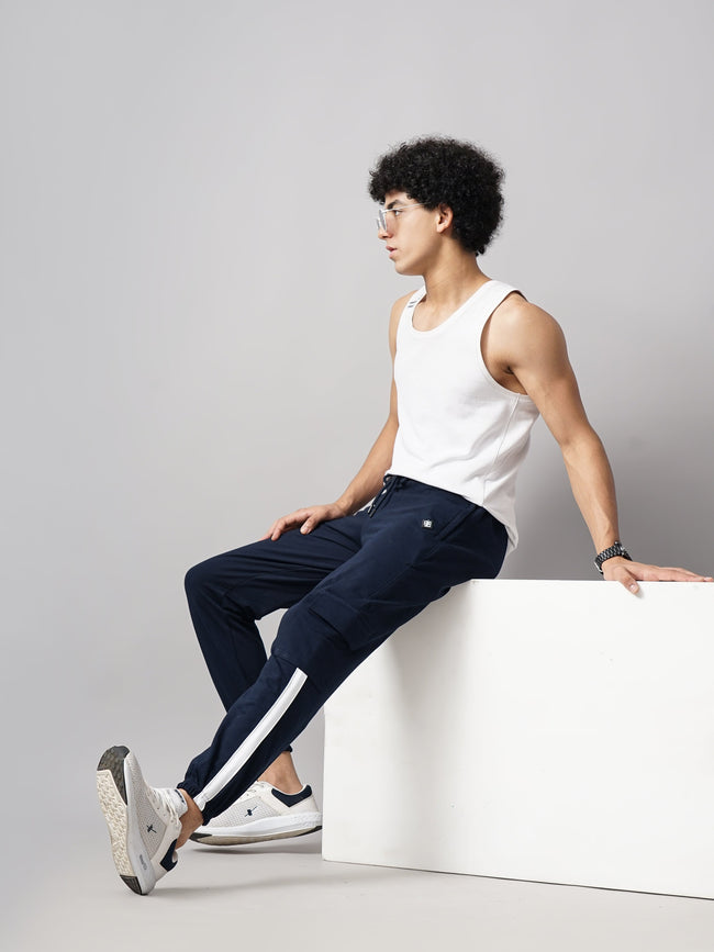 Men Sash Navy Knitted Cargo Pant