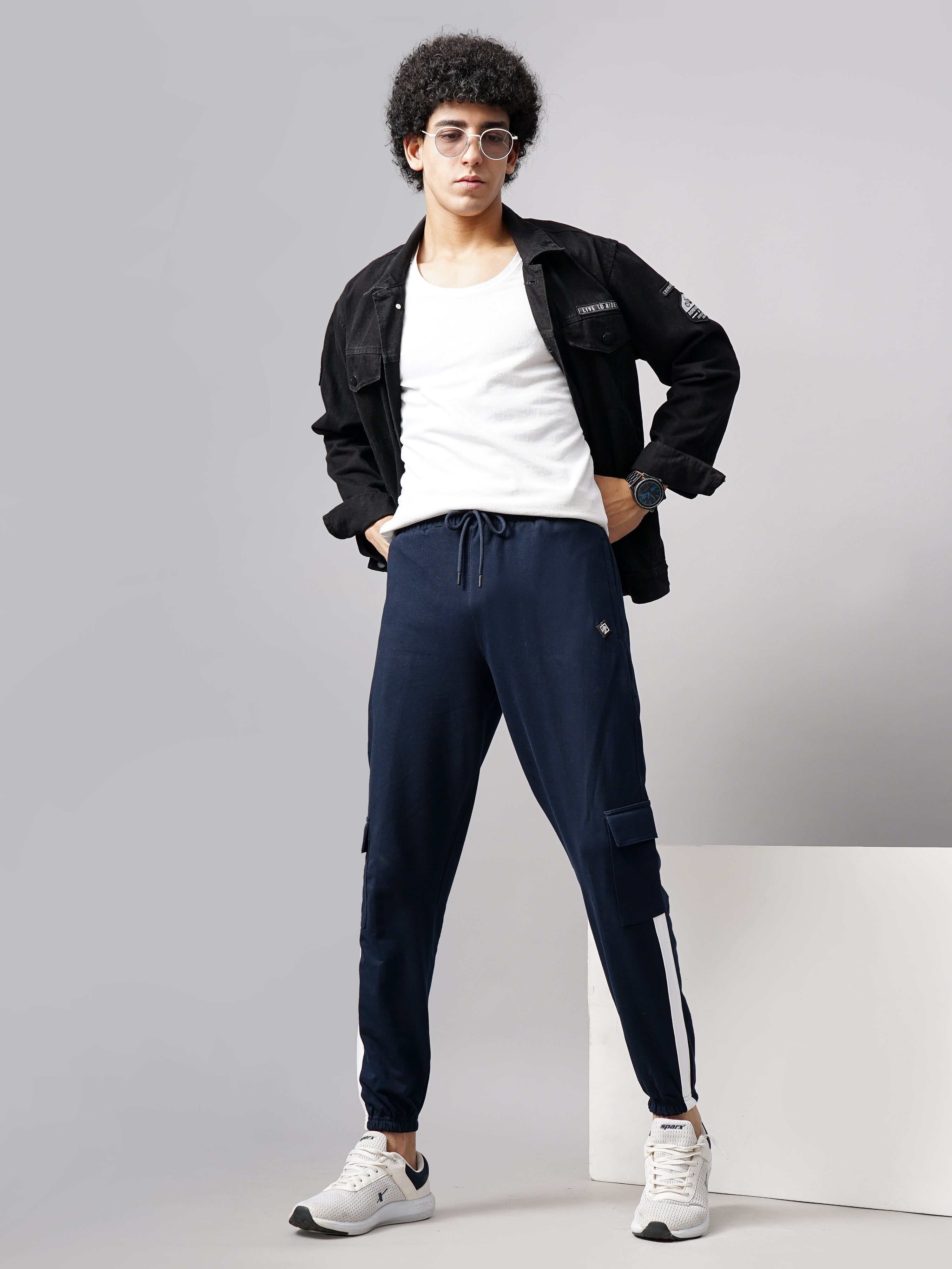 Men Sash Navy Knitted Cargo Pant