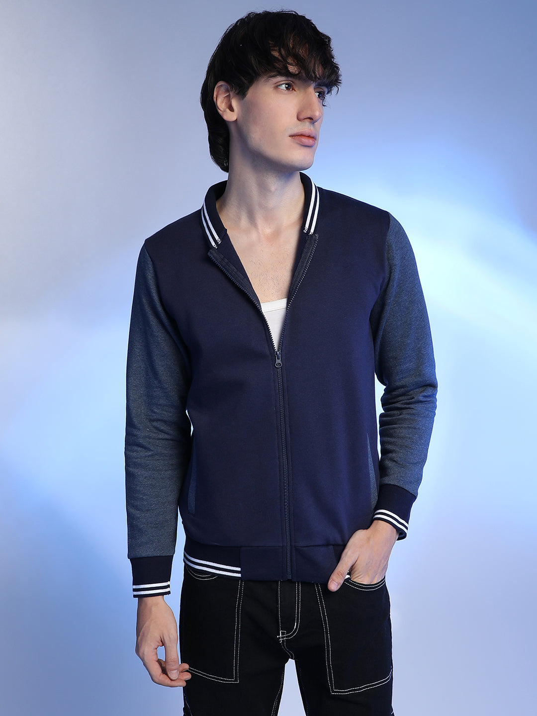 Men Cotton Blend Regular Colourblock Jacket