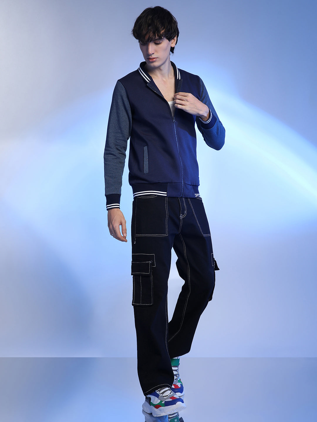 Men Cotton Blend Regular Colourblock Jacket