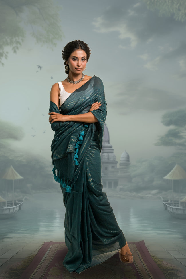 Harit Shringaar Viridian Green Handloom Mul Cotton Saree with Zari Stripes