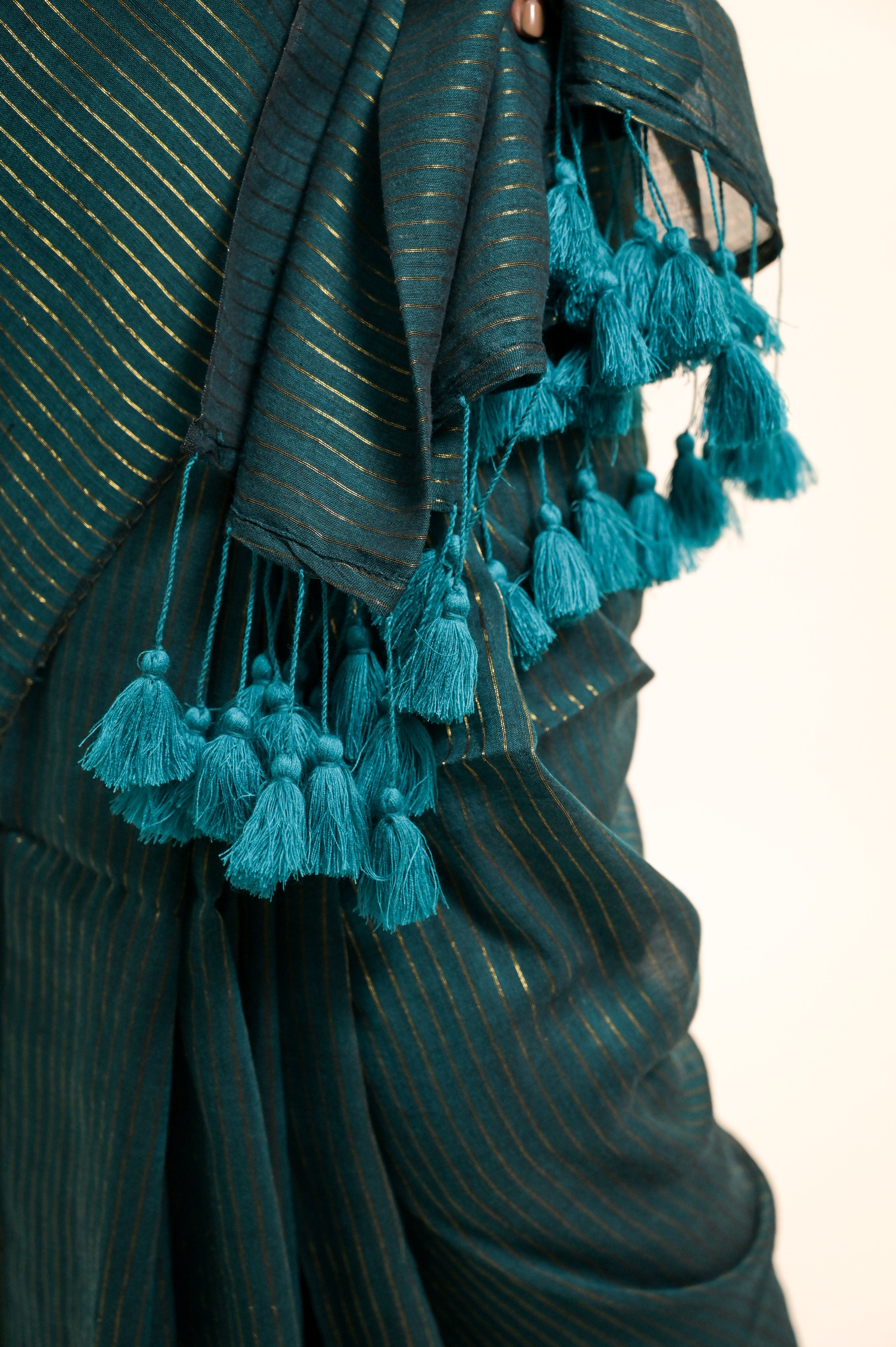 Harit Shringaar Viridian Green Handloom Mul Cotton Saree with Zari Stripes