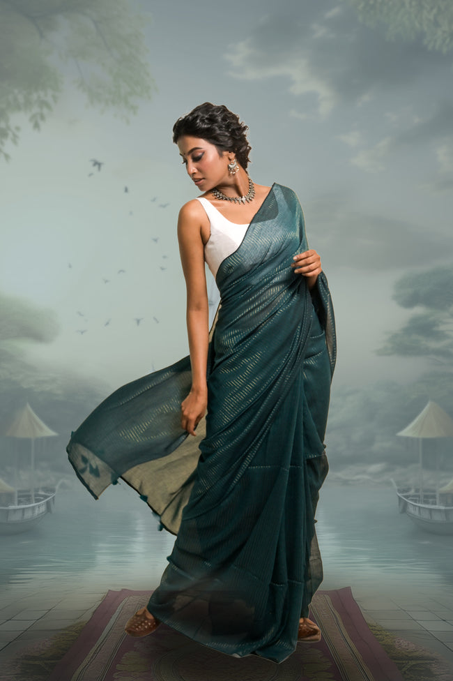 Harit Shringaar Viridian Green Handloom Mul Cotton Saree with Zari Stripes