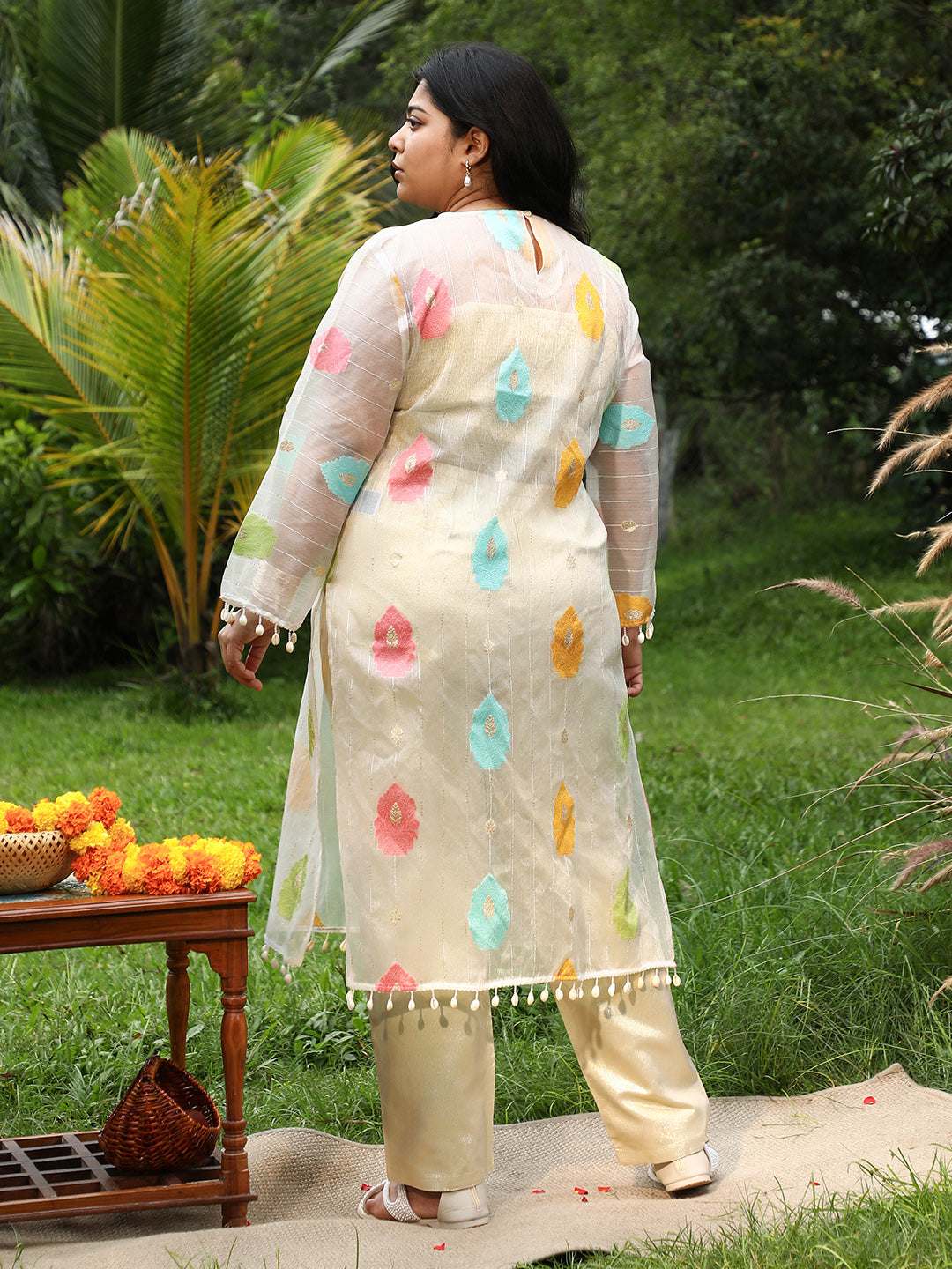 Women Organza Regular Floral Kurta Set