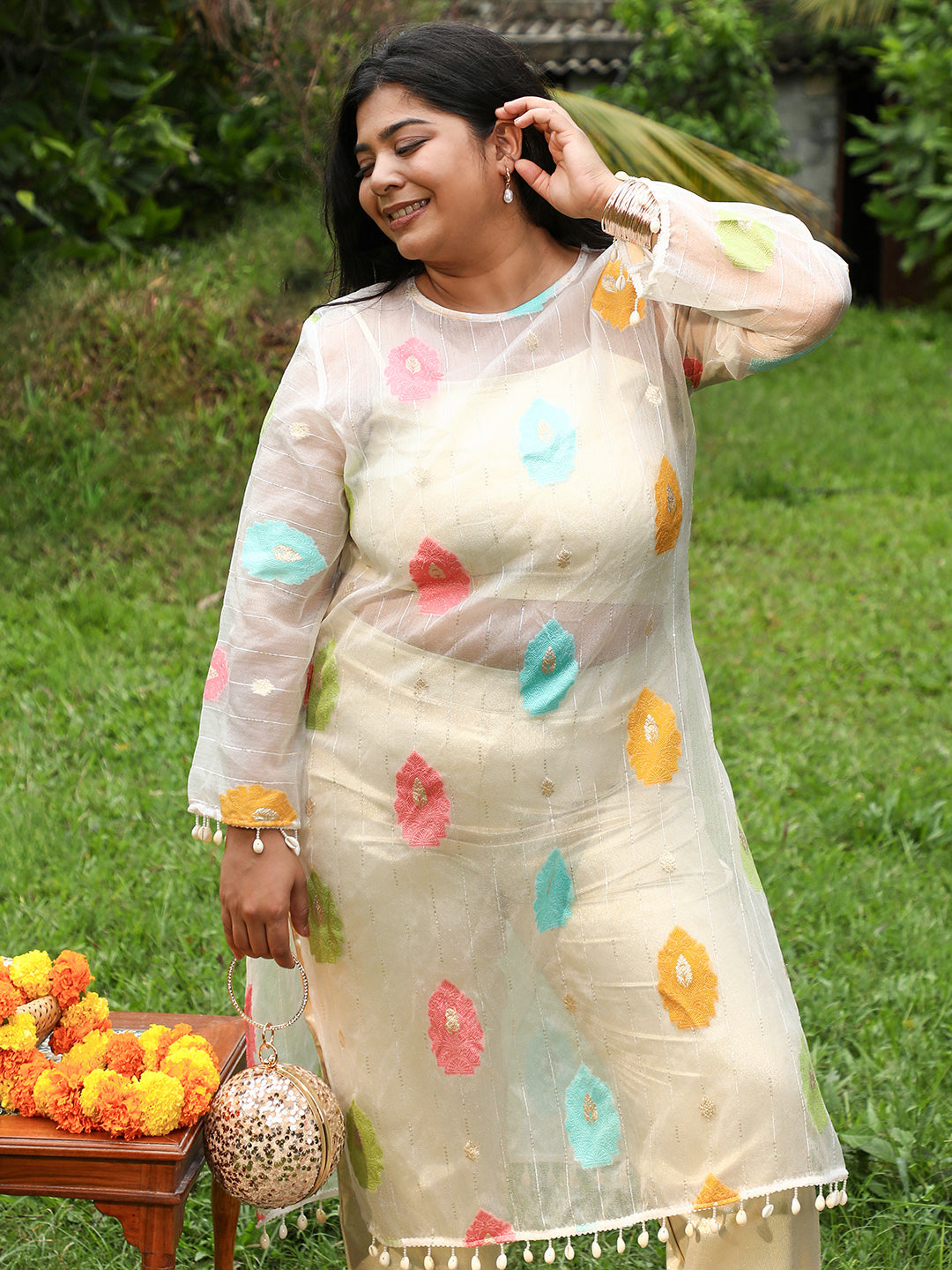 Women Organza Regular Floral Kurta Set