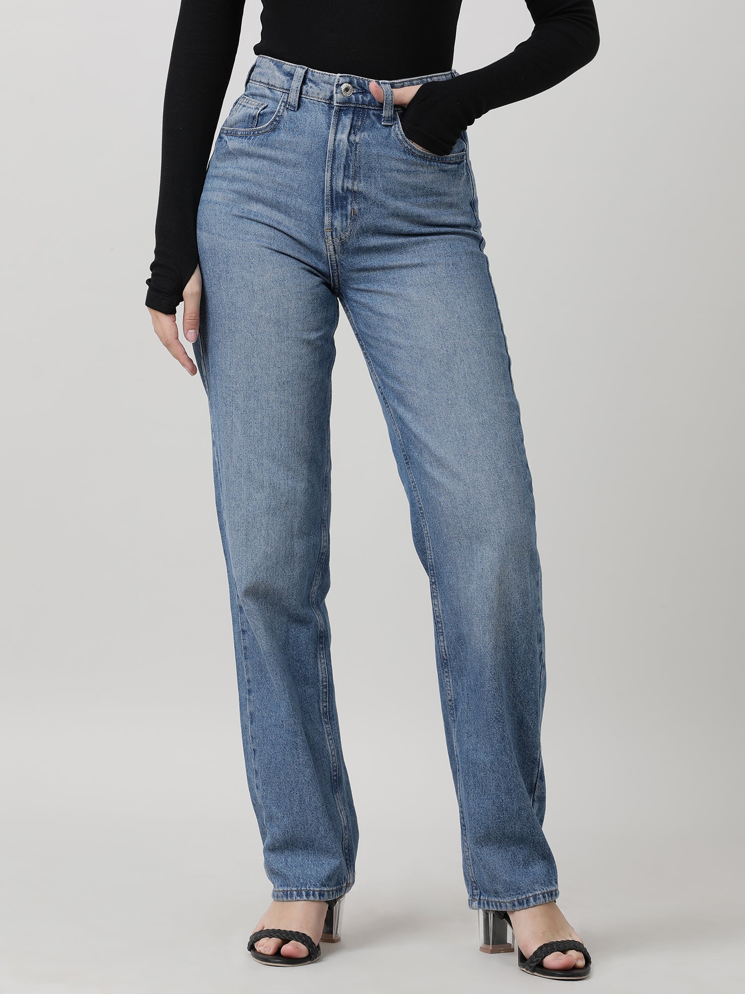 blue washed denim pant for women