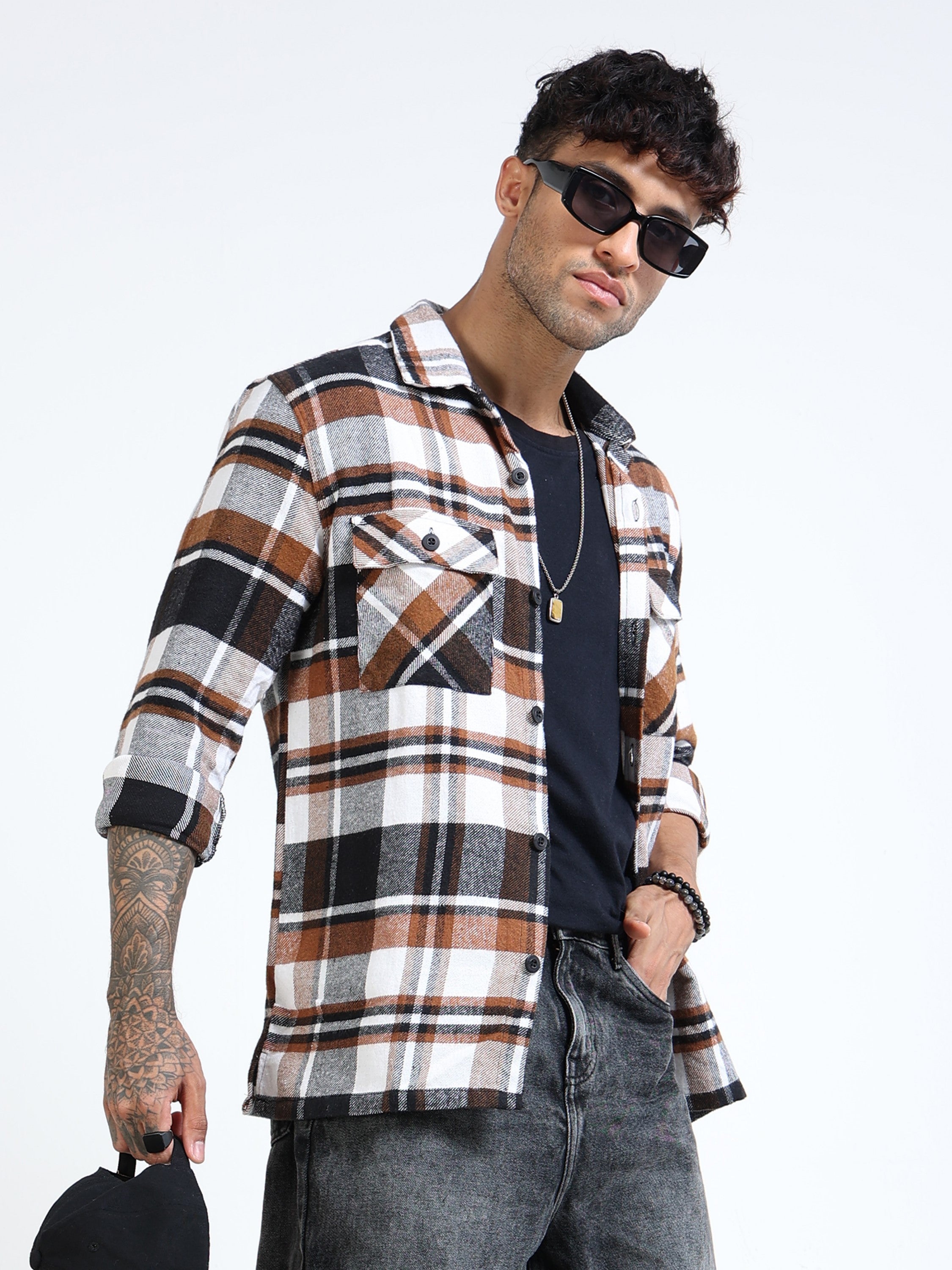 Men Twill Brown Checked Brushed Overshirt