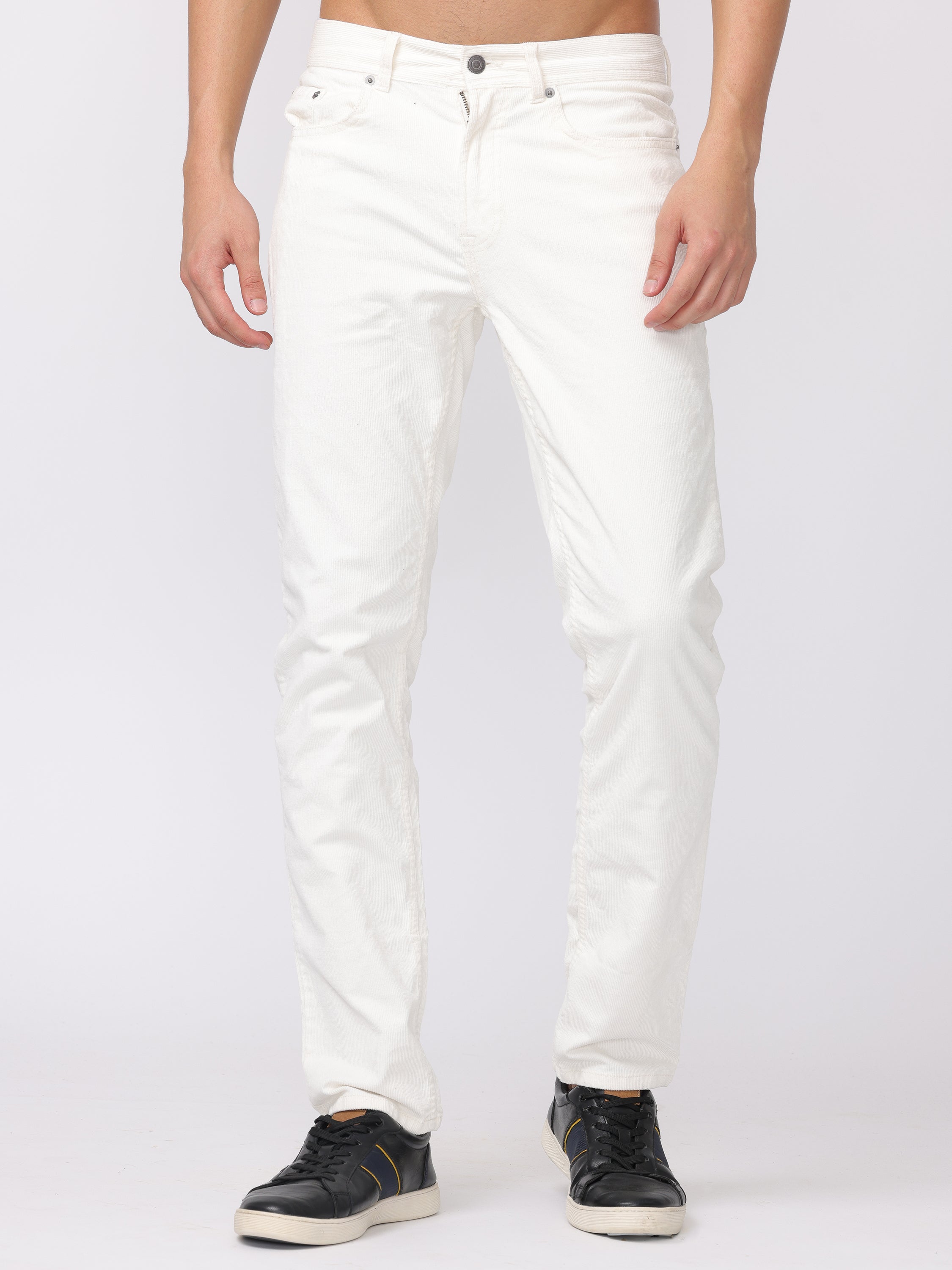 Men White Regular Fit Corduroy Pants