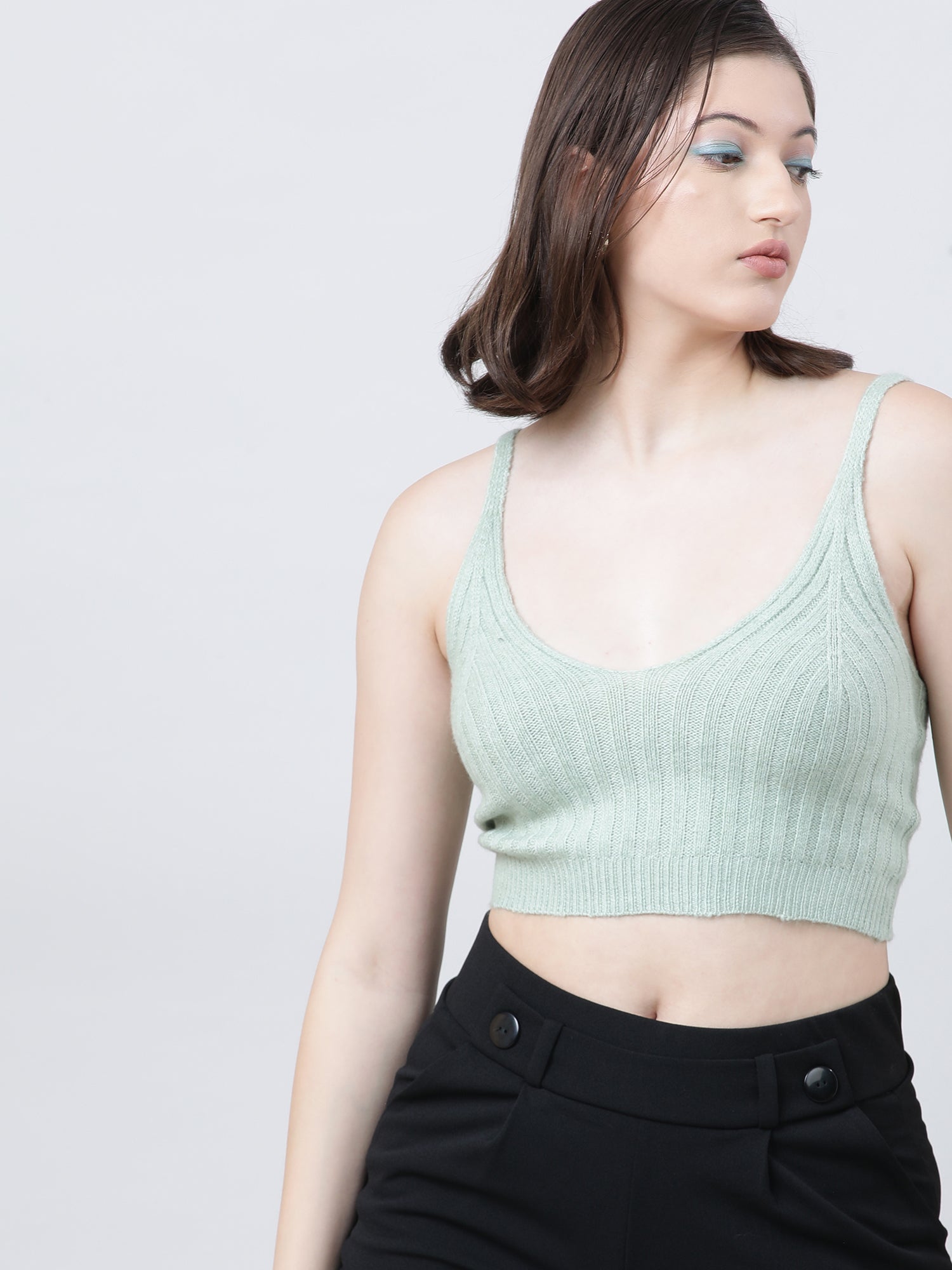 Women Slim Fit Light Green Ribbed Strappy Crop Top