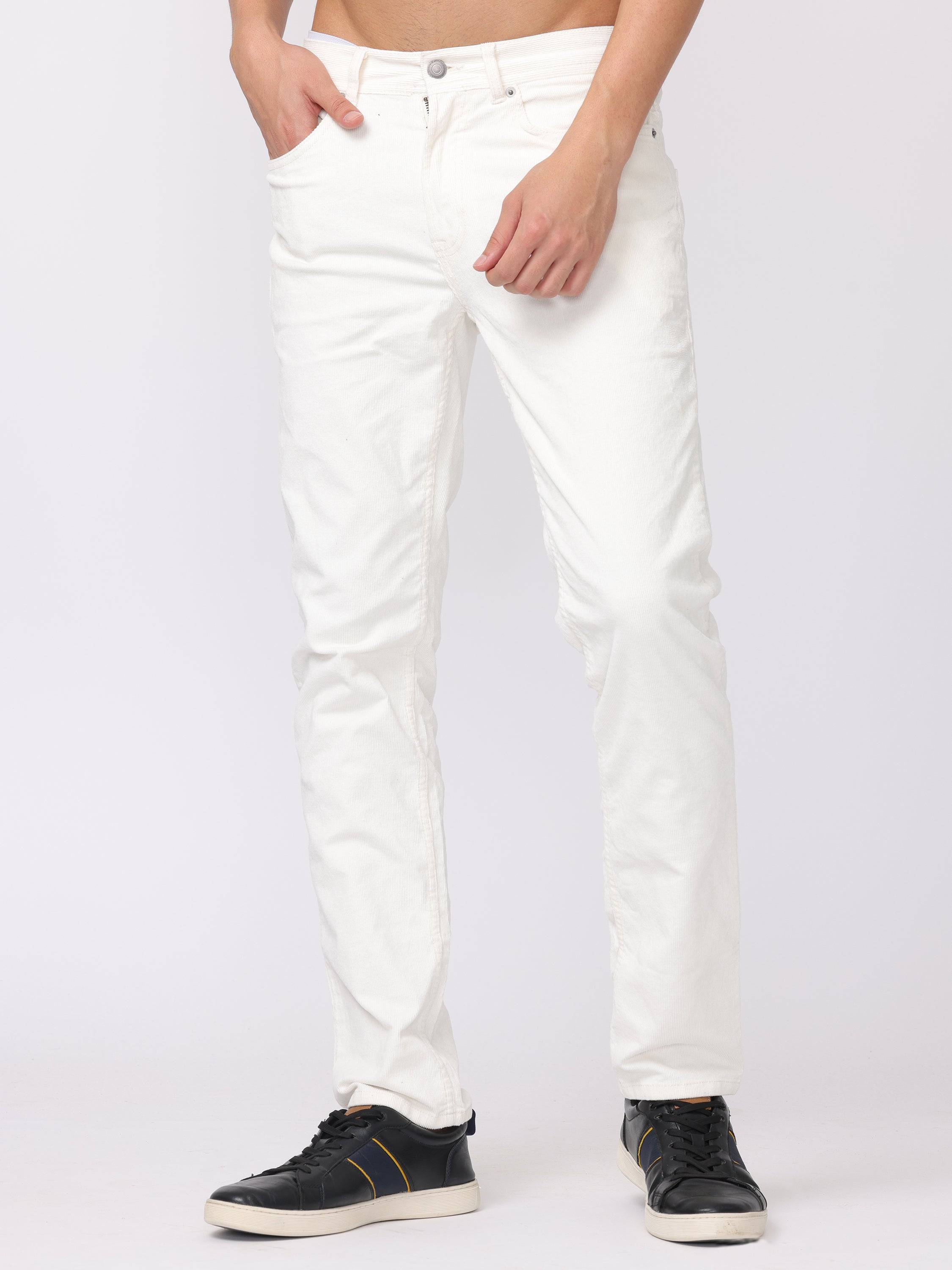 Men White Regular Fit Corduroy Pants