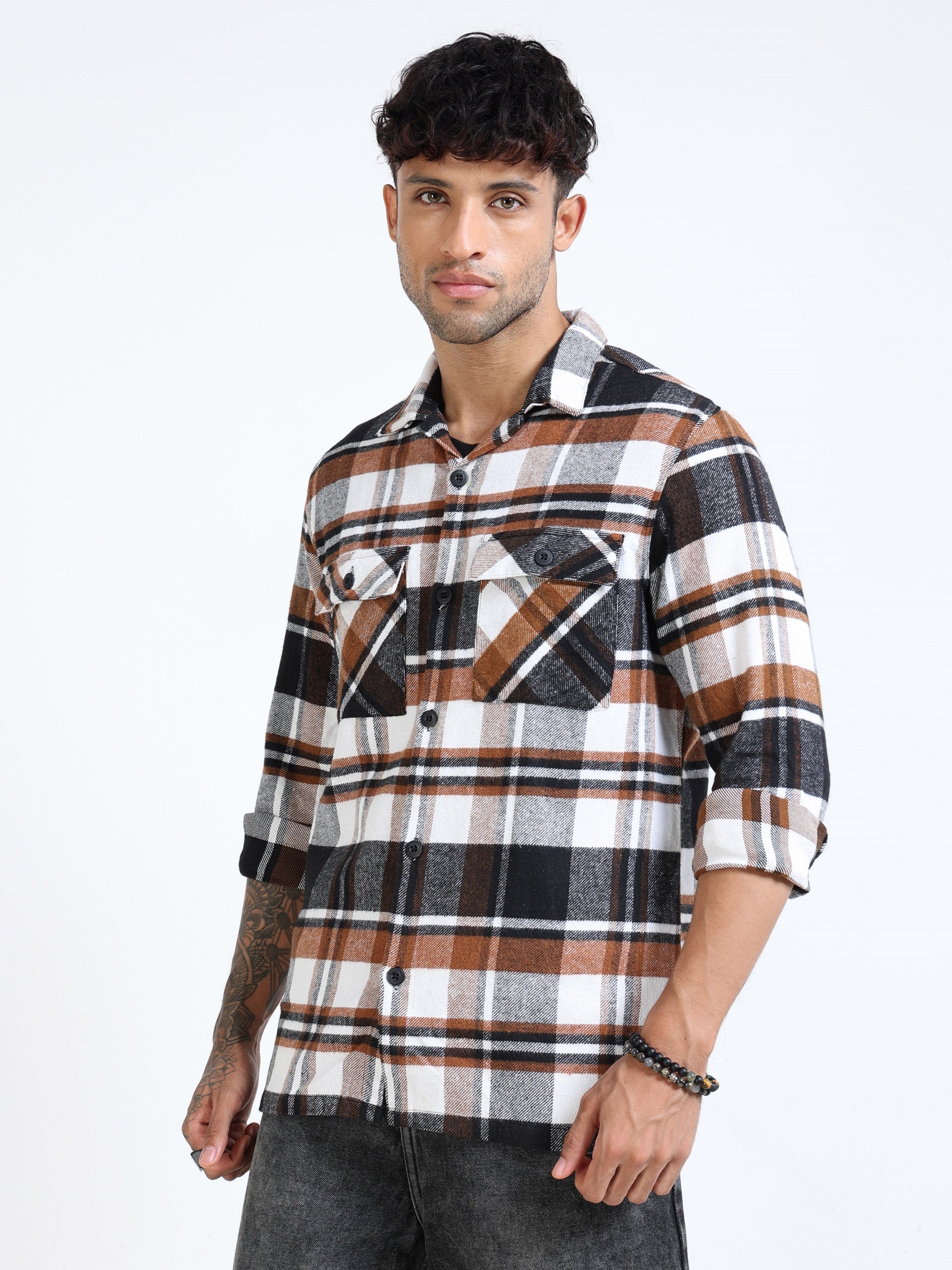 Men Twill Brown Checked Brushed Overshirt