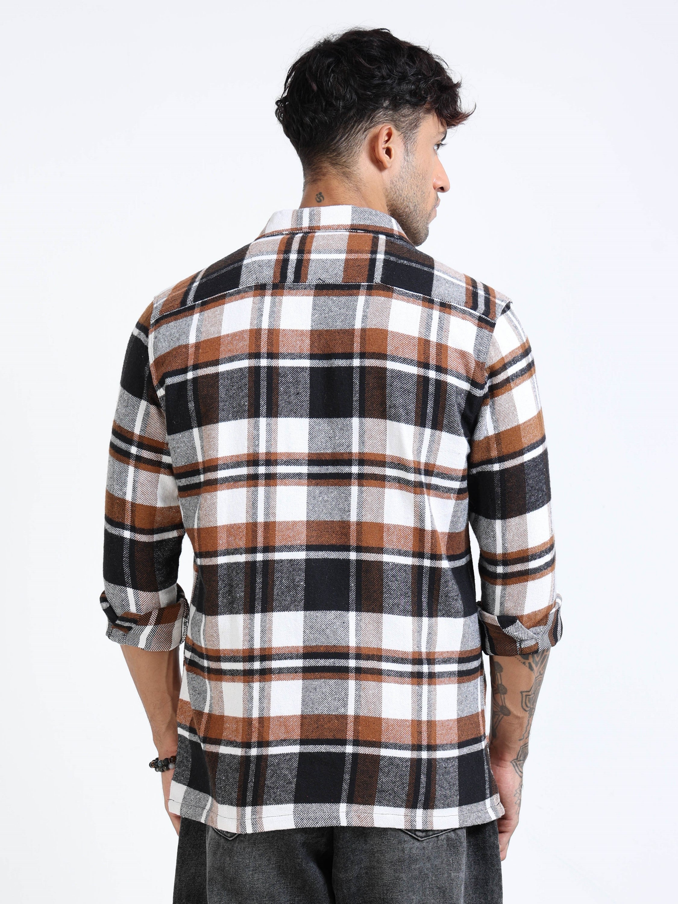 Men Twill Brown Checked Brushed Overshirt