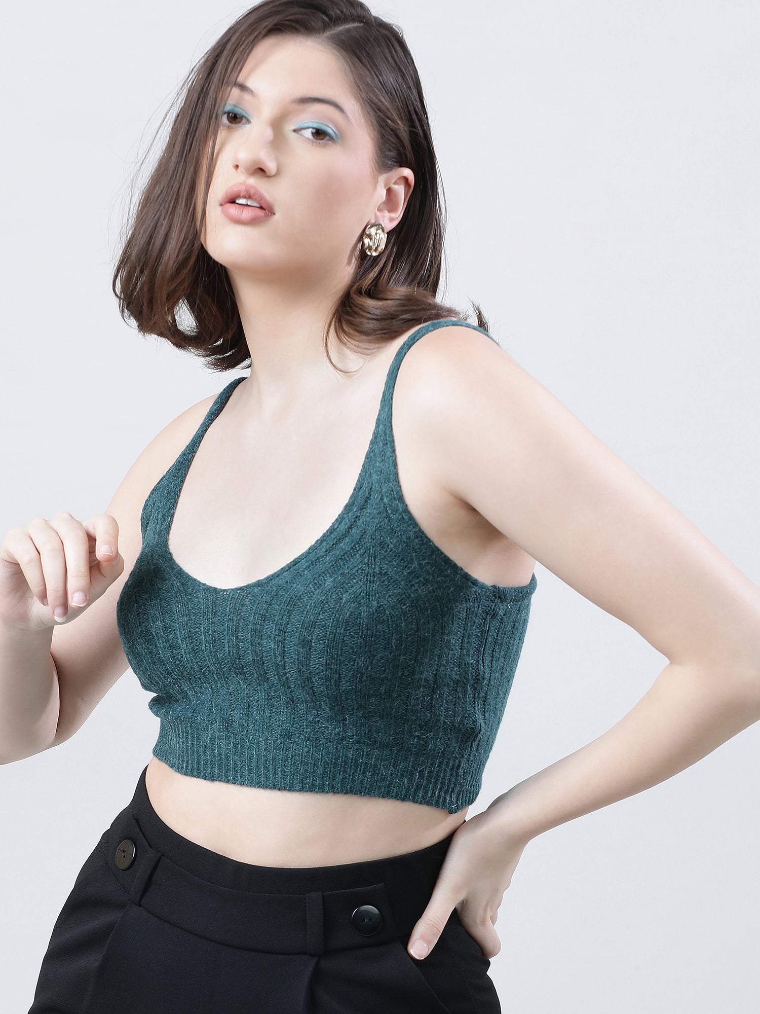 Women Slim Fit Light Dark Green Ribbed Strappy Crop Top